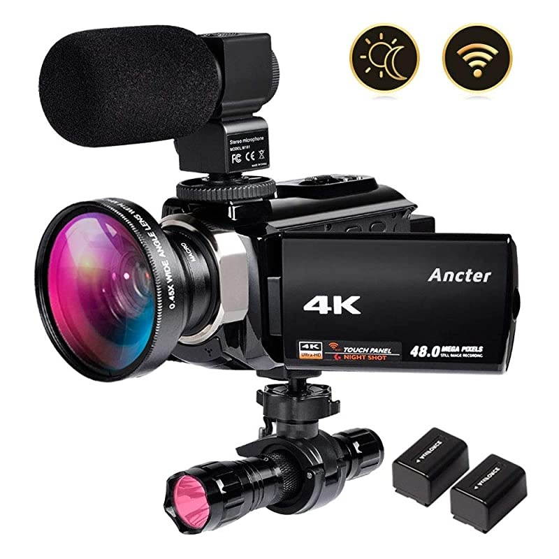 4K Video Camera  Camcorder, WiFi Vlogging Camera for YouTube with Microphone, 60FPS 48MP Ultra HD 16X Digital Zoom Night Vision Camera with IR Flashlight, Wide Angle Lens (2 Batteries Included)