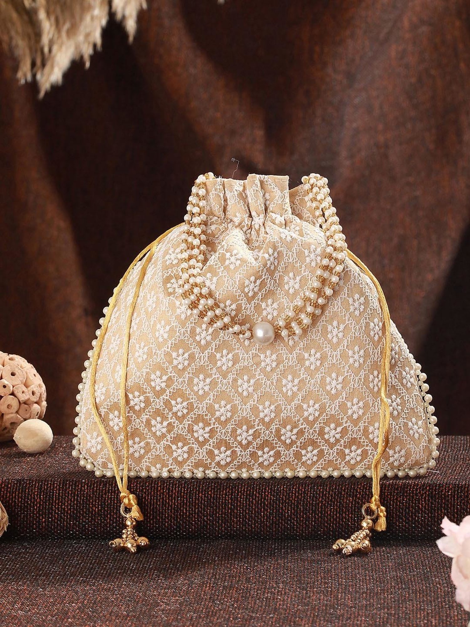 Aatmana Beige & Gold Embellished Small Potli