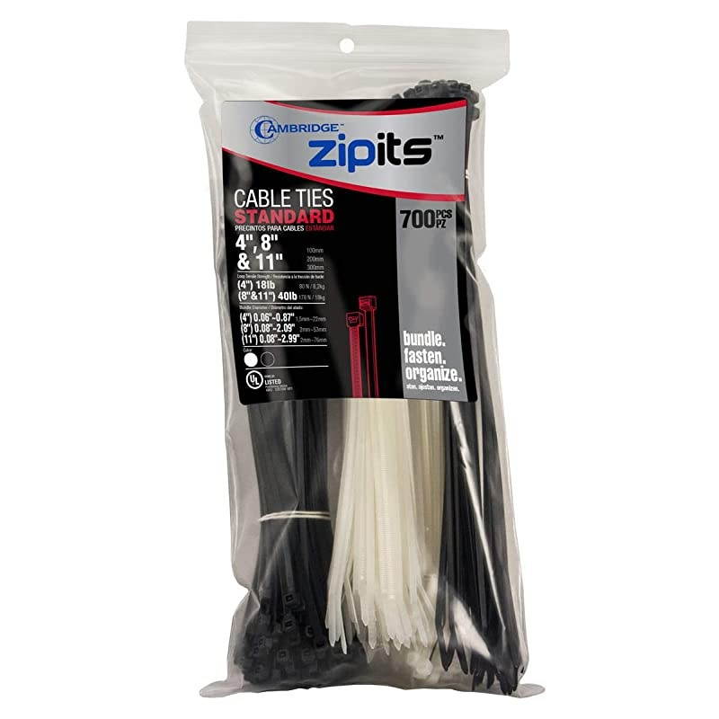 ZipIts Cable Tie Kit 700 Pack Assortment of 4-in, 8-in, 11-in Self Locking Natural and UV Resistant Black Zip Ties, UL Listed, Contractor Quality and Strength