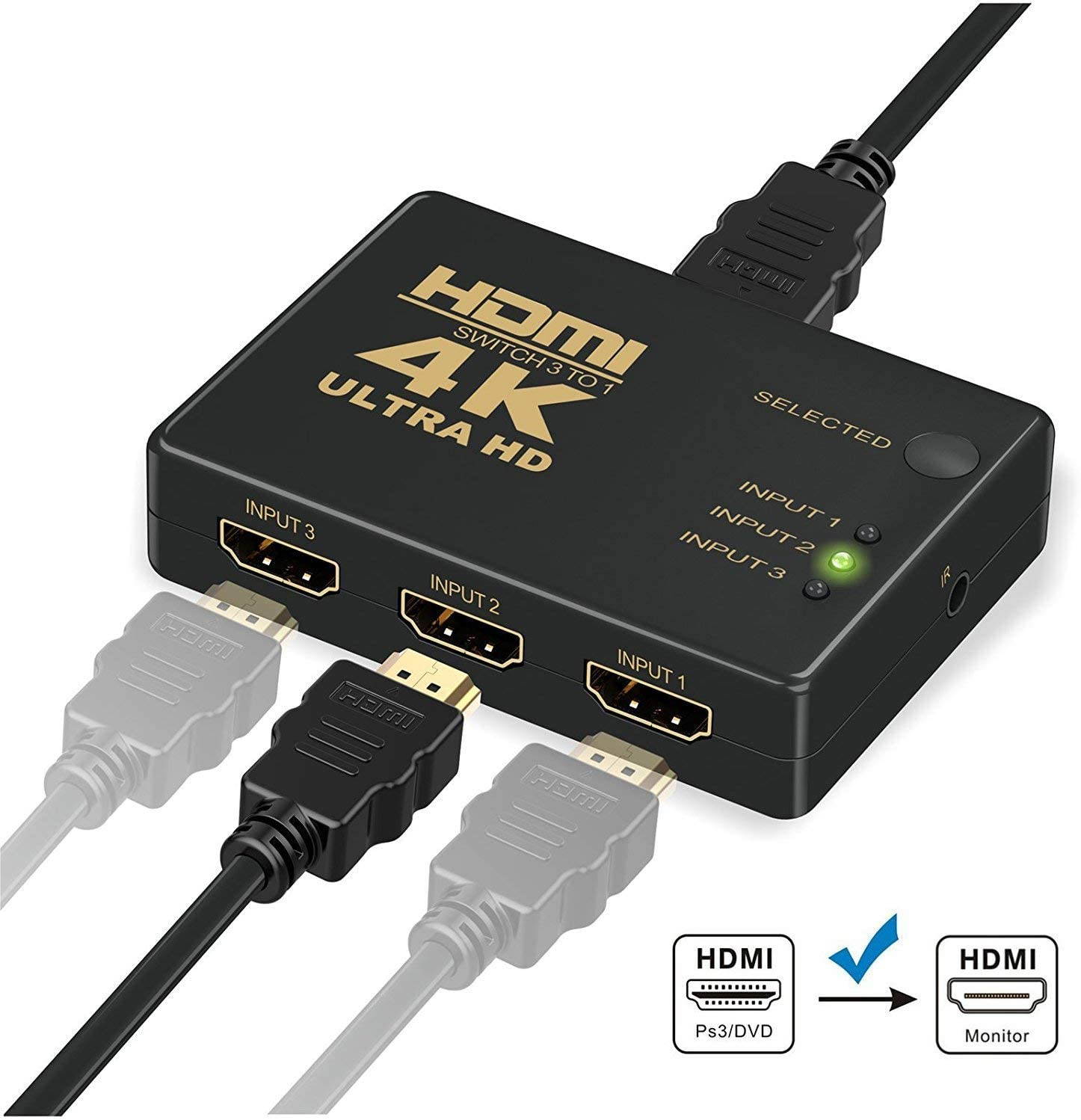 HDMI Switch 4k,Intelligent 3-Port HDMI Switcher,Splitter, Supports 4K, Full HD1080p, 3D with IR Remote