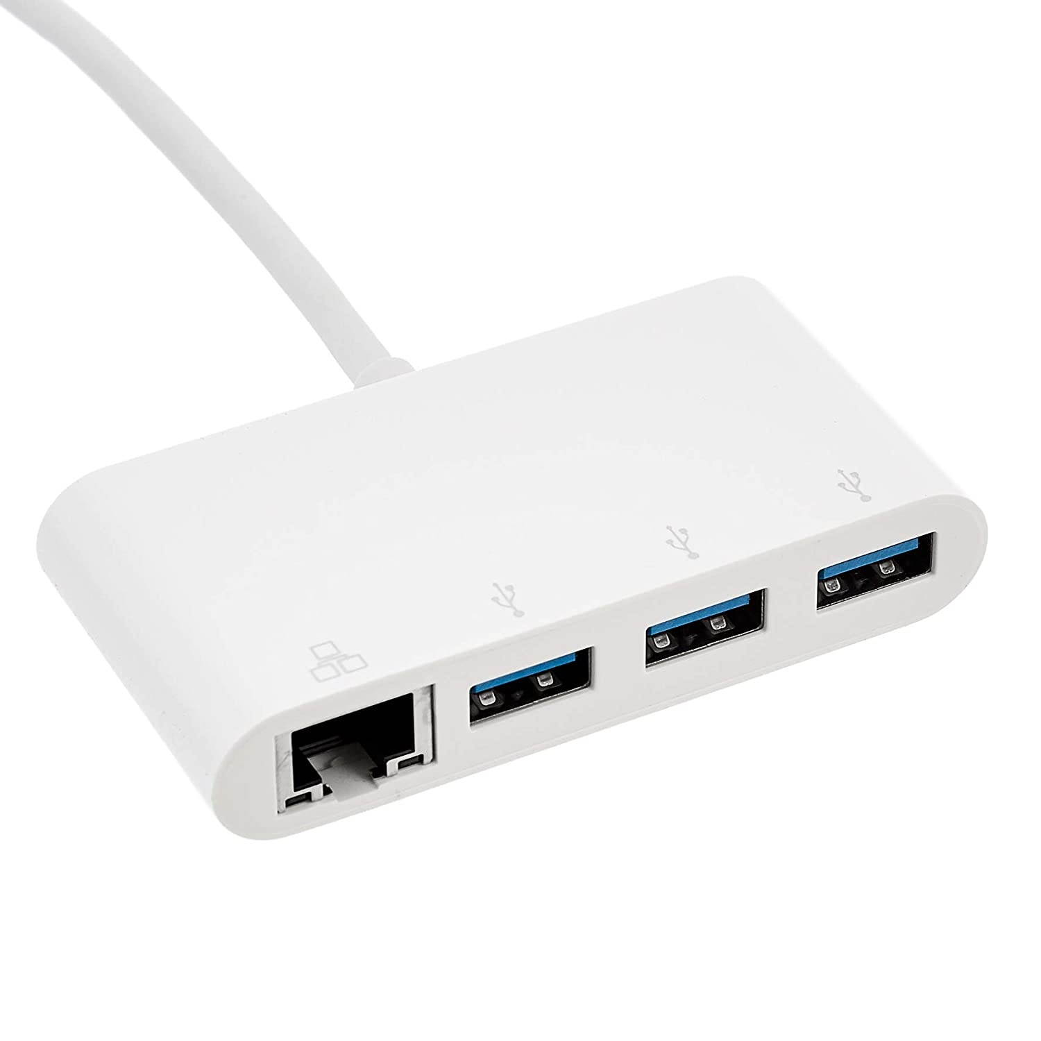 AmazonBasics 3-Port USB 3.0 Adapter with RJ45 Gigabit Ethernet Port, White