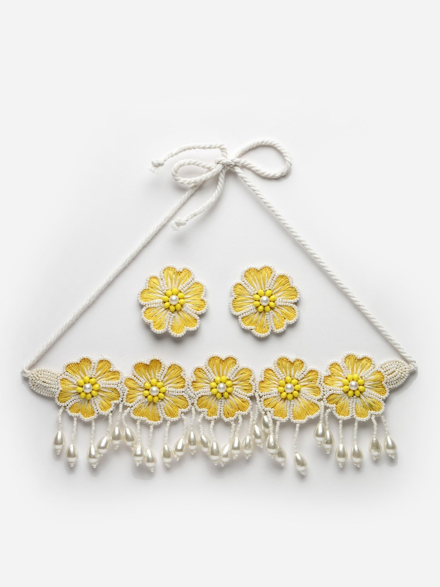 Moedbuille White Pearls Handcrafted Embroidered Yellow Floral Design Contemporary Necklace Set