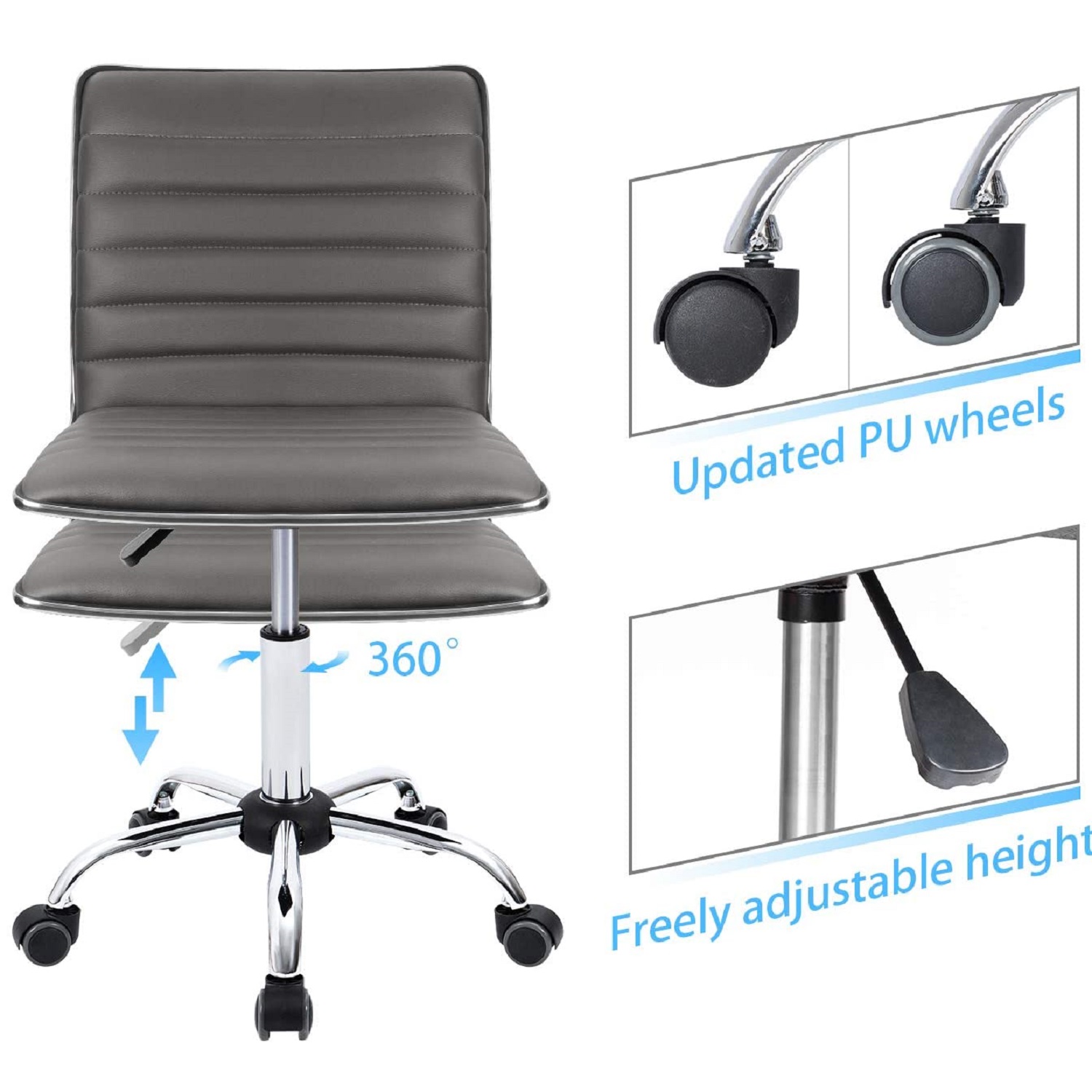 Furmax Mid Back Task Chair, Low Back PU Leather Swivel Office Desk Chair, Computer Chair with Armless Ribbed Soft Upholstery (Grey)