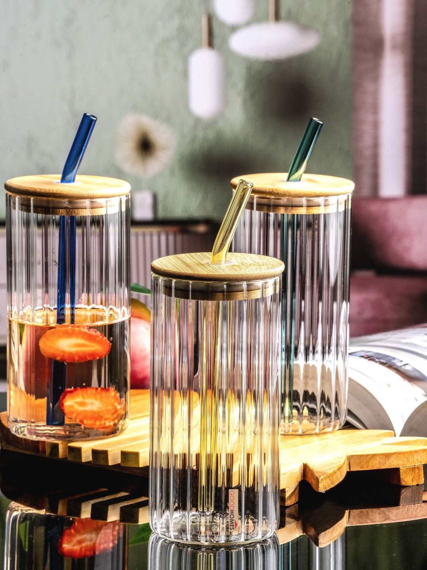 Goodhomes Transparent Glass 3-Piece Mason Jar Set with Wooden Lid & Glass Straw