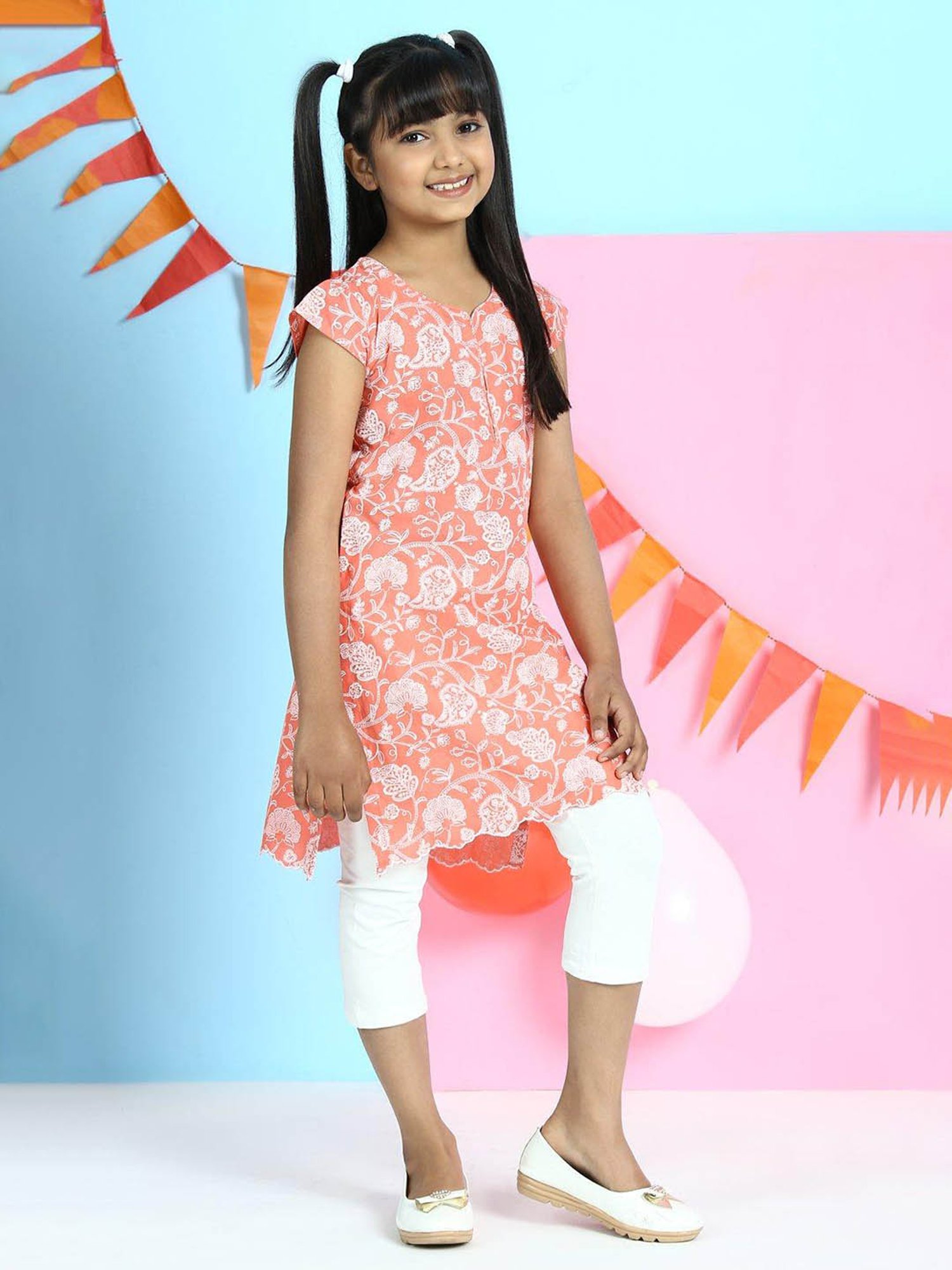 BIBA Girls Pink & White Embroidered Kurta with Leggings