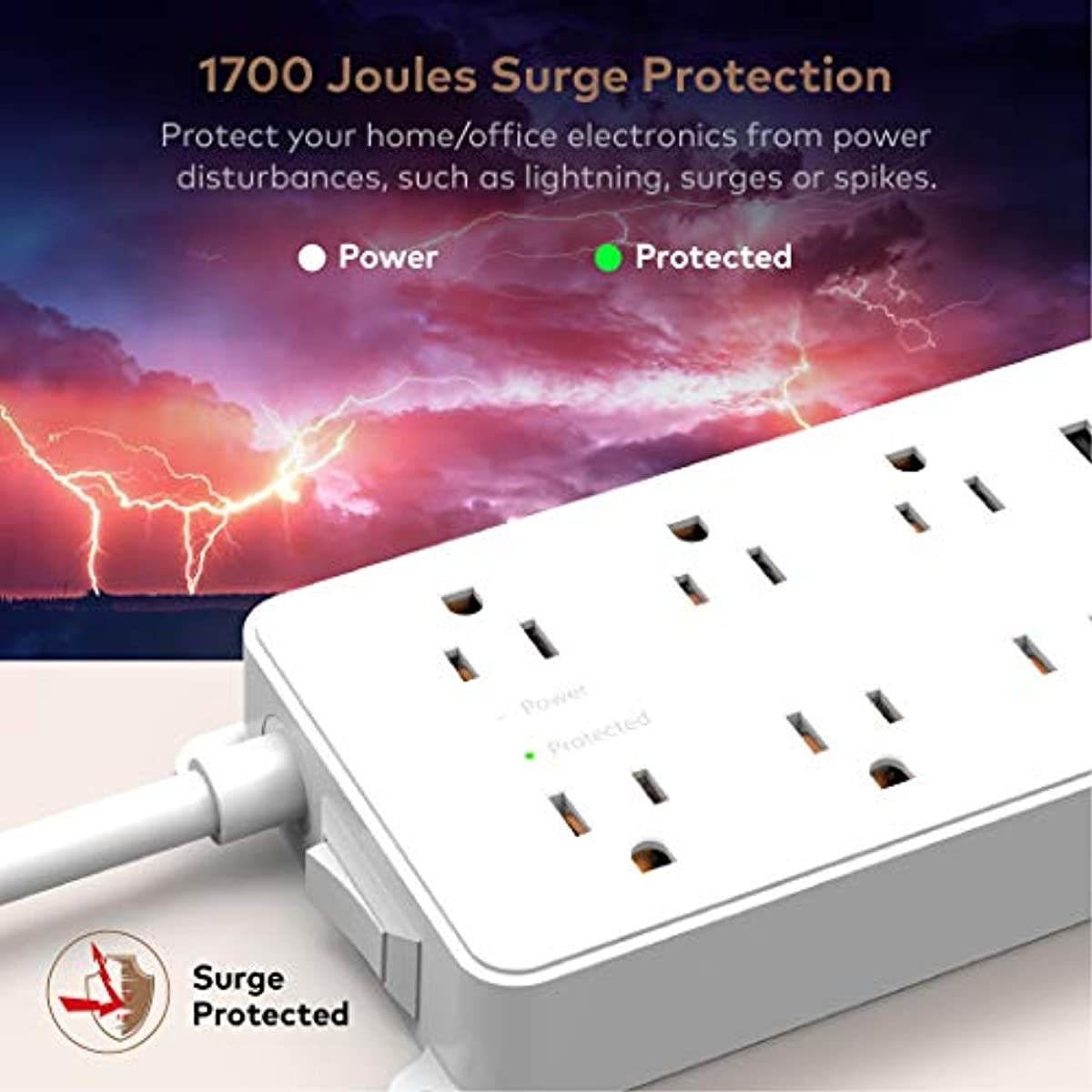 Surge Protector Power Strip Flat Plug, ETL Listed, TROND Wall Mountable Extension Cord Long 10ft, Low-Profile, 7 Widely-Spaced Outlets & 3 USB Ports, 1700 Joules, White