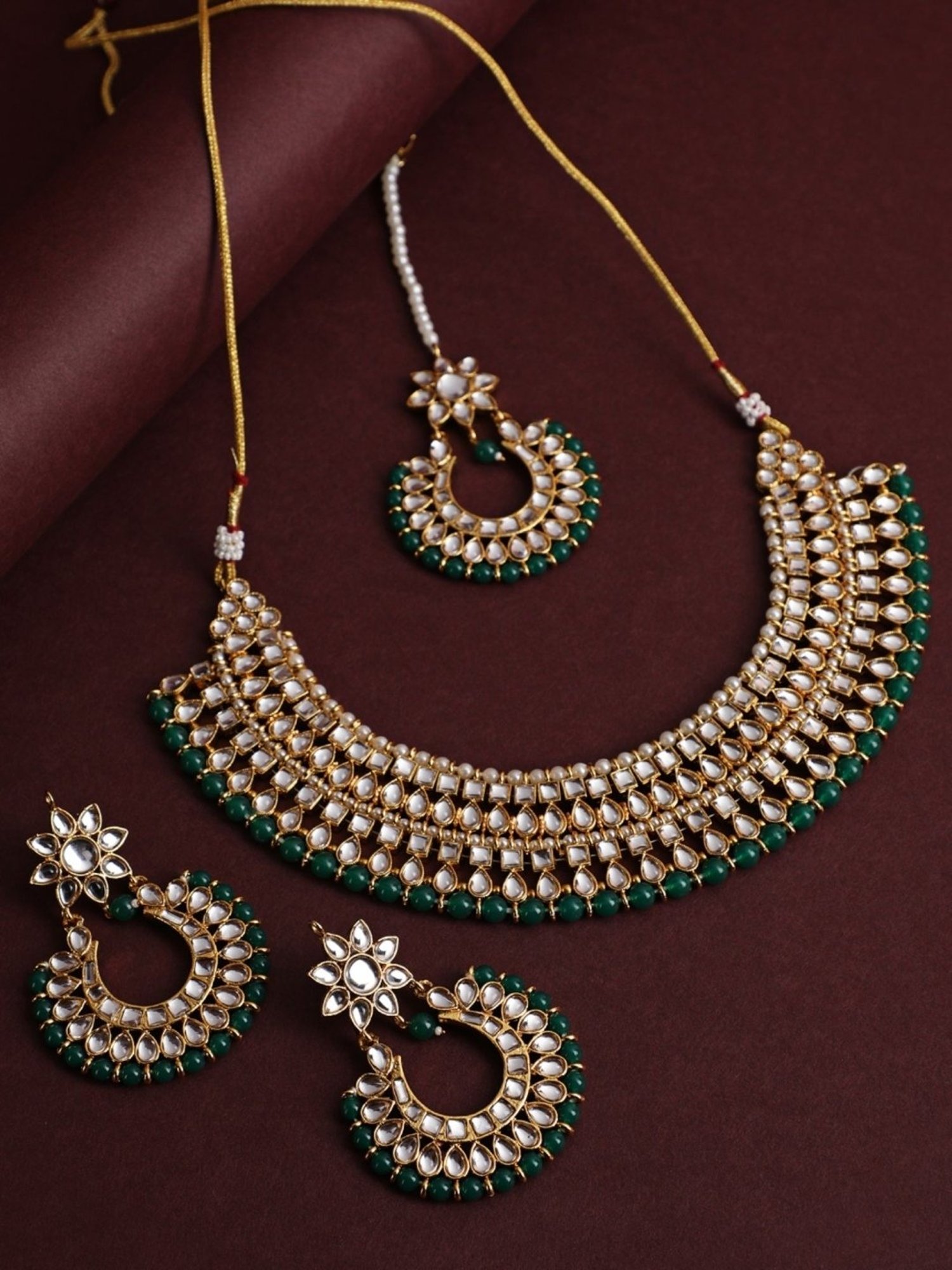 Aatmana Gold-Plated Green & White Kundan-Studded Choker Necklace Set for Women