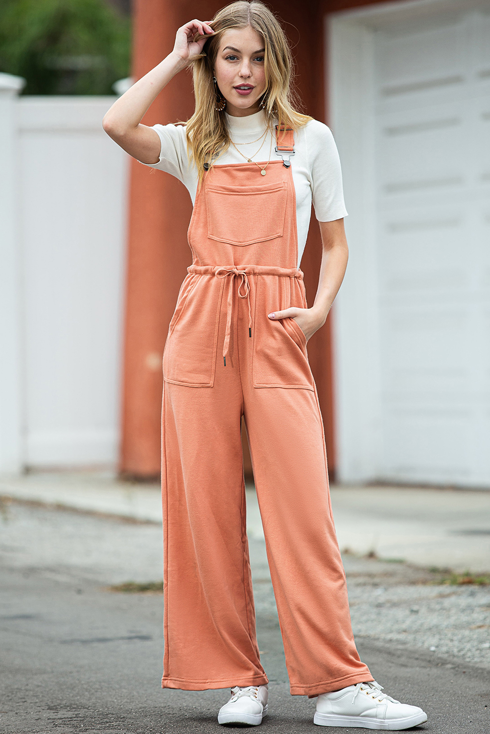 Rose Tan Solid Self Tied Straps Pleated Wide Leg Jumpsuit
