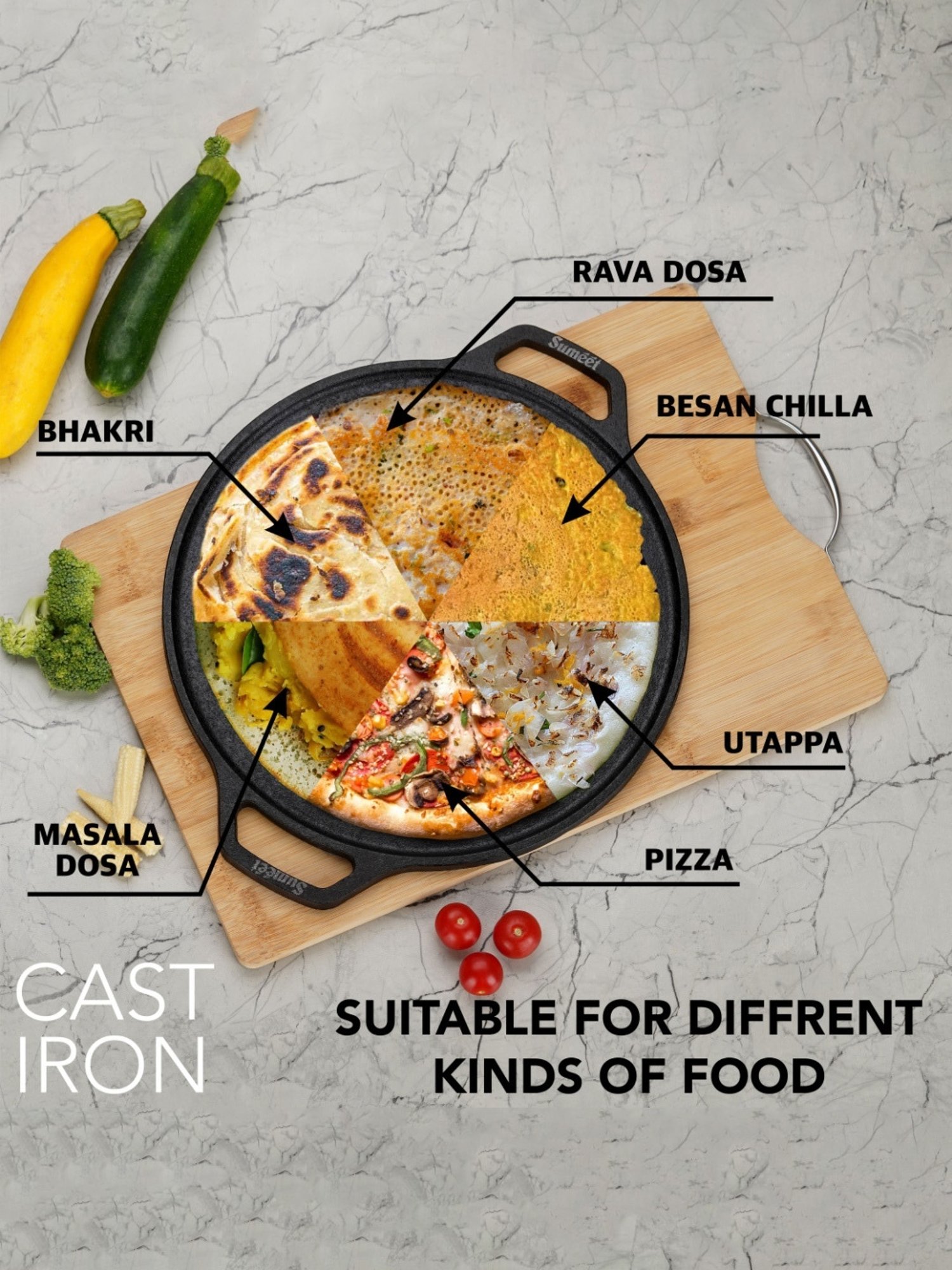 Sumeet Pre Seasoned Heavy Weight Cast Iron Flat Dosa Tawa,Induction Friendly, 30cm, Weight-3.070Kg