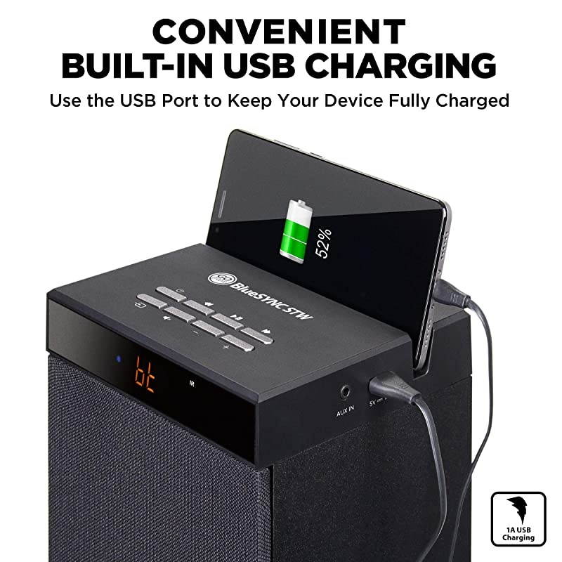 Bluetooth Tower Speaker with Builtin Subwoofer BlueSYNC STW Floor Standing Speaker Tower with Thumping Bass Immersive 120W Peak Power AUX Flash Drive MP3 FM Radio USB Port Single