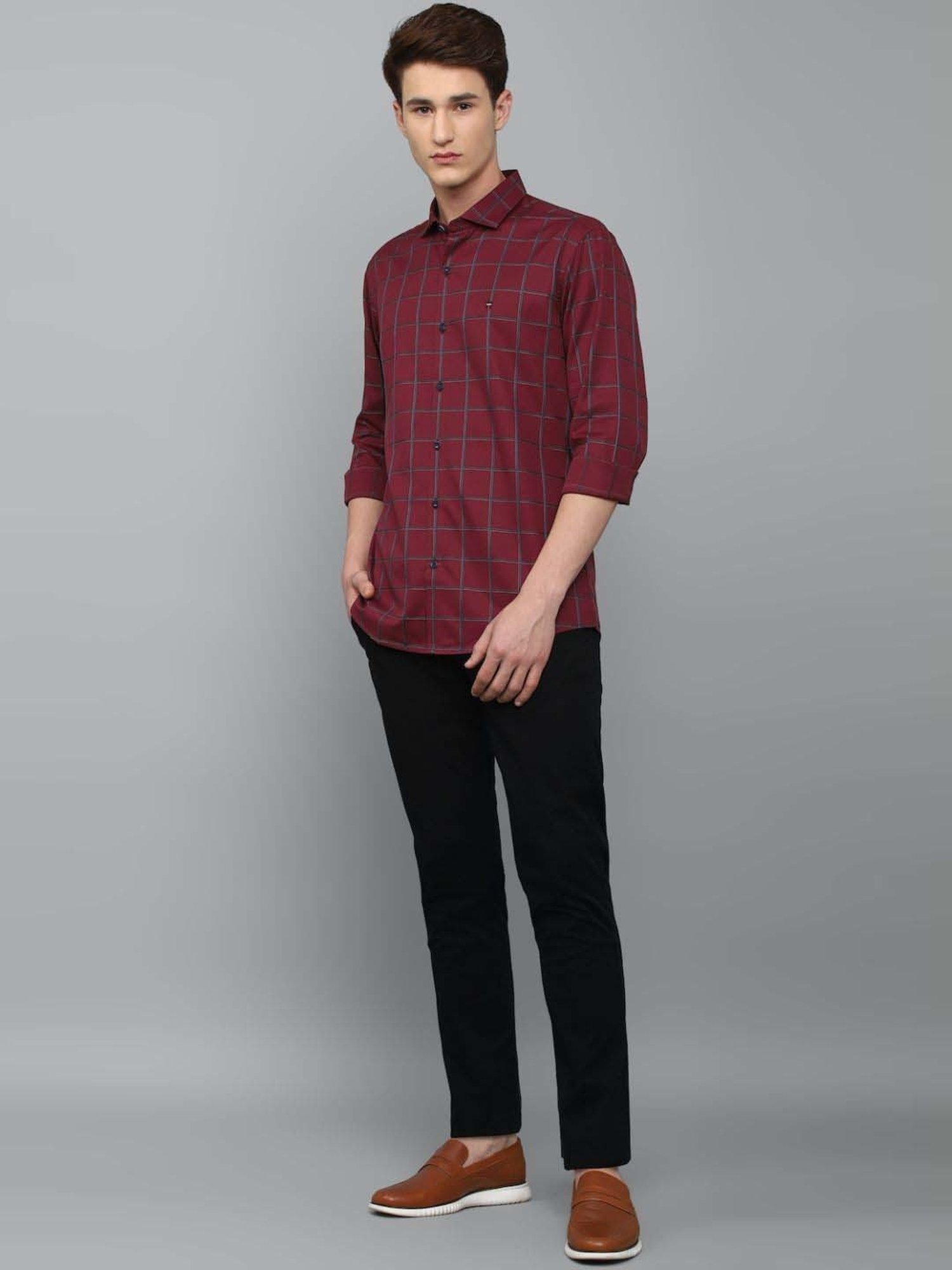 Louis Philippe Sport Maroon Slim Fit Checks Shirt