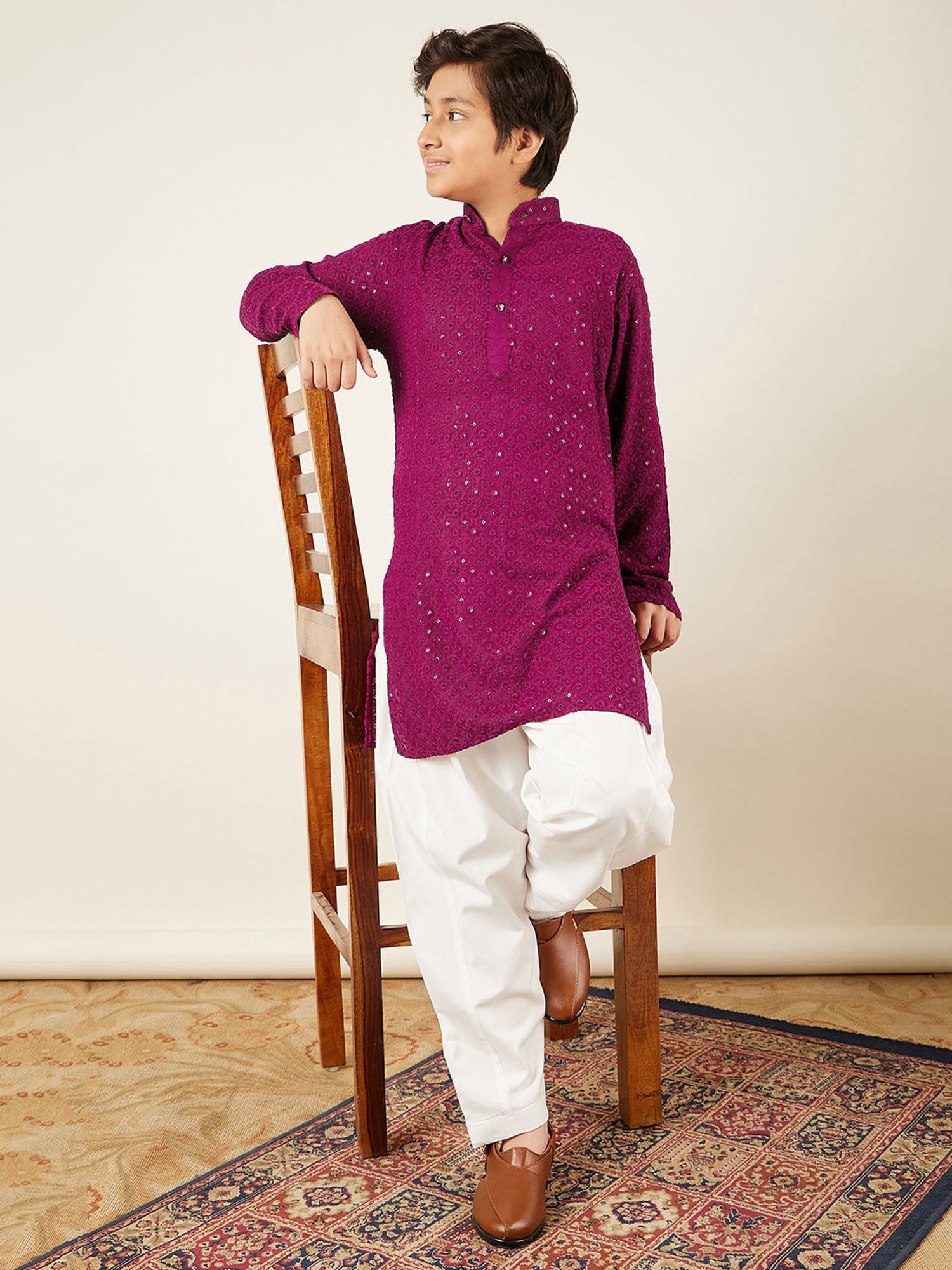 AJ Dezines Kids Dark Pink Embellished Full Sleeves Kurta with Salwar