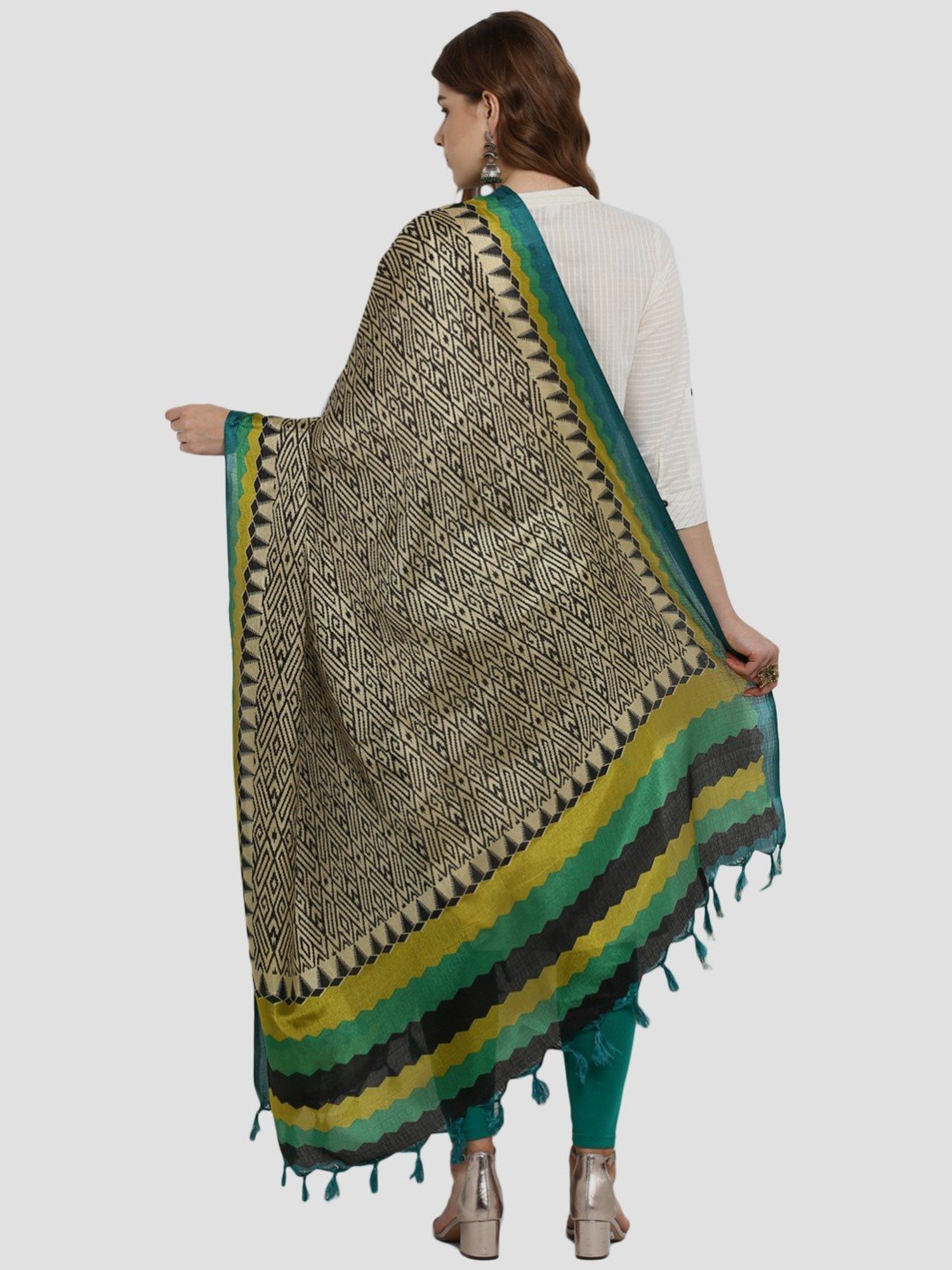 Saree Mall Beige & Green Printed Dupatta