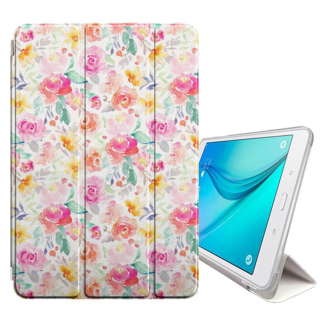 Compatible with Samsung Galaxy Tab A 7.0" (2016) (T280/T285 Series) - Leather Smart Cover + Hard Back Case with Sleep/Wake Function (Bright Pink Yellow Girly Watercolor)