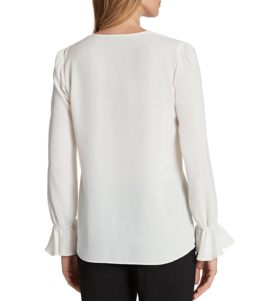 Tahari ASL Long Sleeve Ruffle Cuff Georgette Tie Neck Blouse