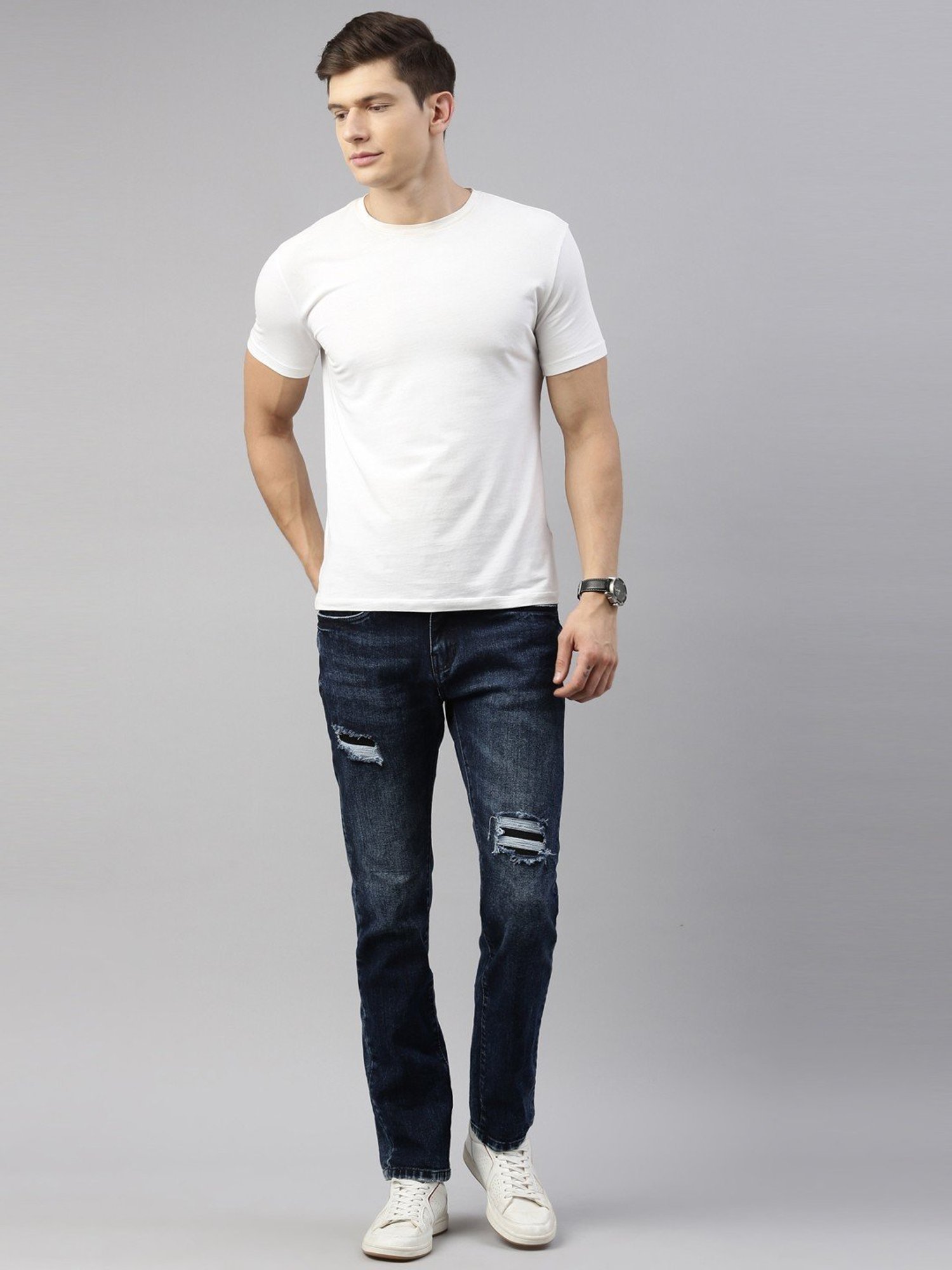 CINOCCI Dark Blue Cotton Slim Fit Distressed Jeans