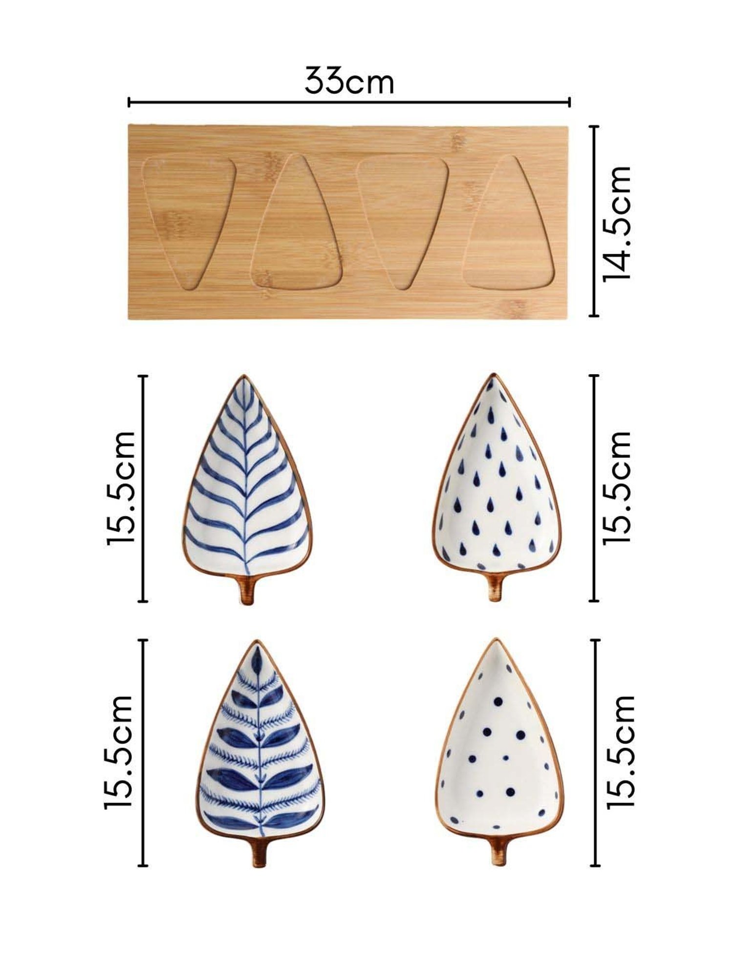 Nestasia Leaf-Shaped Ceramic Blue & White Glossy Serving Platter with tray(Set of 1 Tray & 4 Plates)