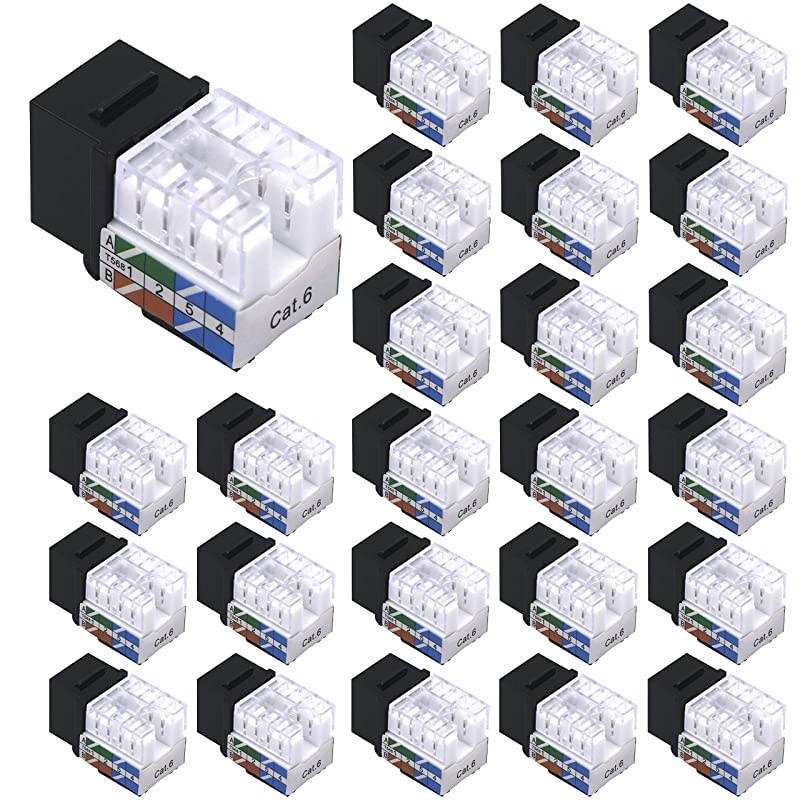 25-Pack Cat6 RJ45 90-Degree Keystone Jack Insert, Ethernet UTP Cat6 Keystone Jacks (Black) UL Listed