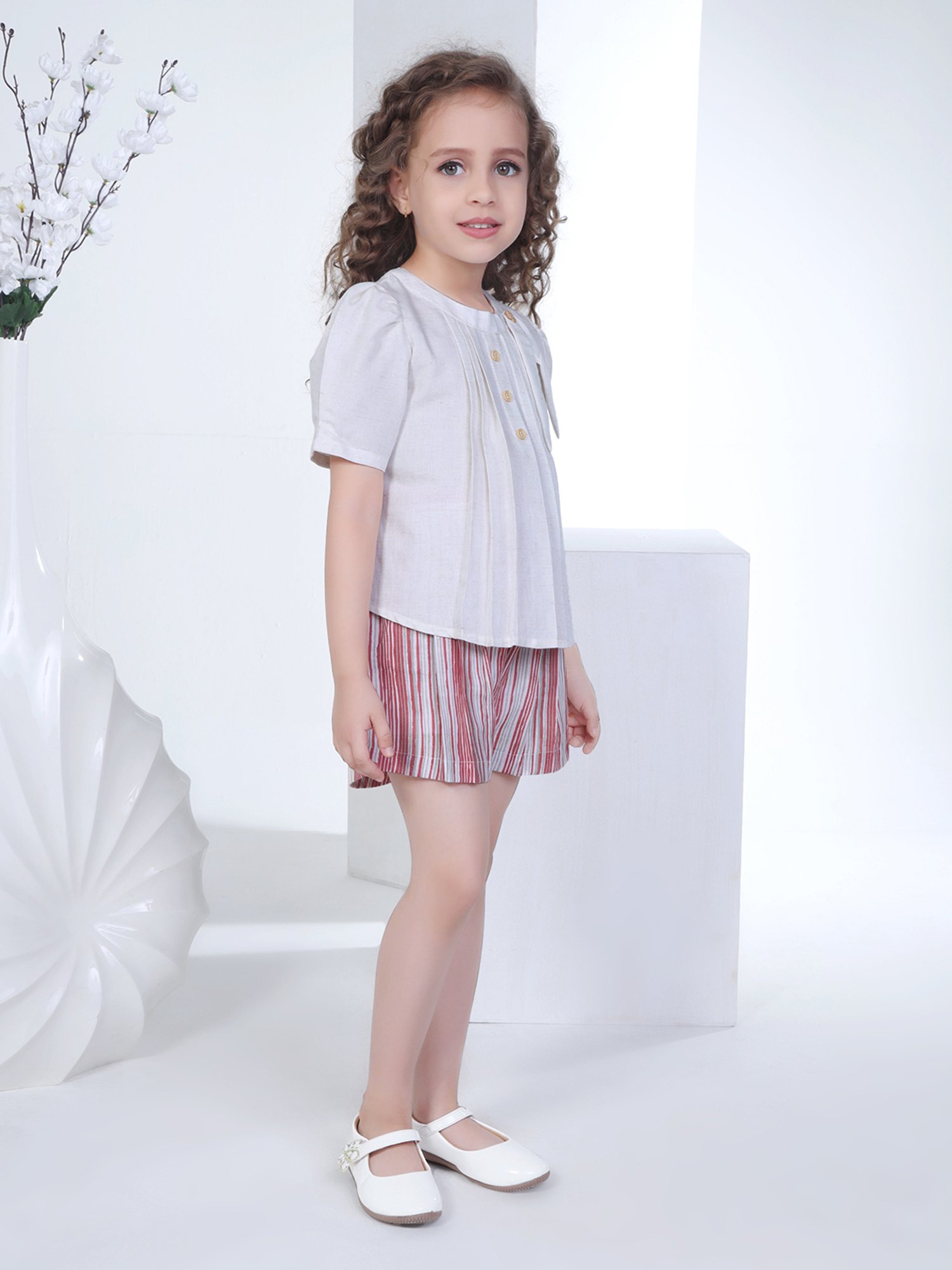 Peppermint Kids White & Brown Striped Top with Shorts