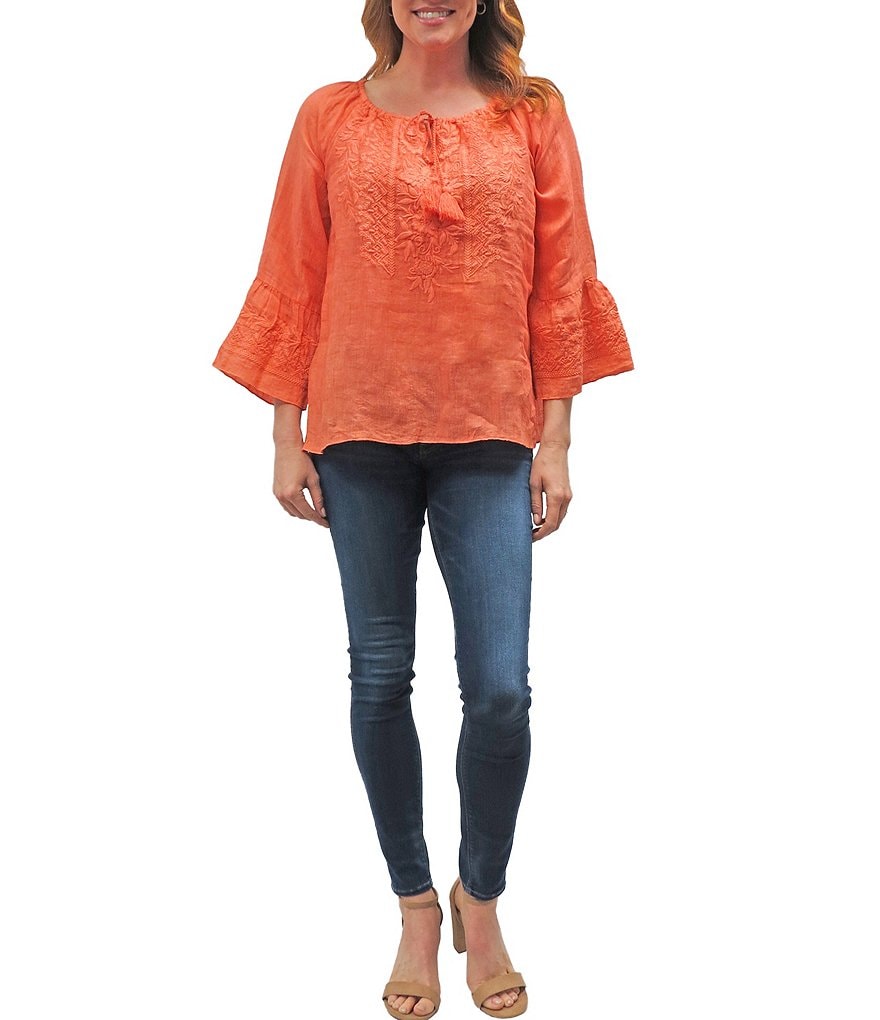 Karyn Seo Sonali Bell Sleeve Keyhole Jewel Neck Embroidered Top