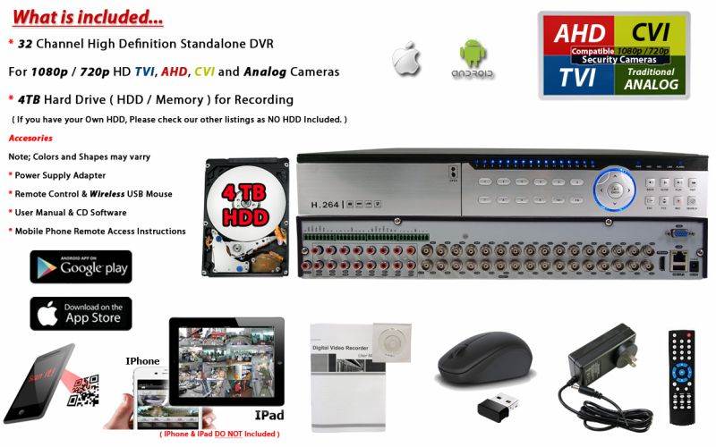 Evertech H.265 32 Channel DVR 4TB Hard Drive for recording AHD TVI CVI Analog Compatible and remote monitoring with free application