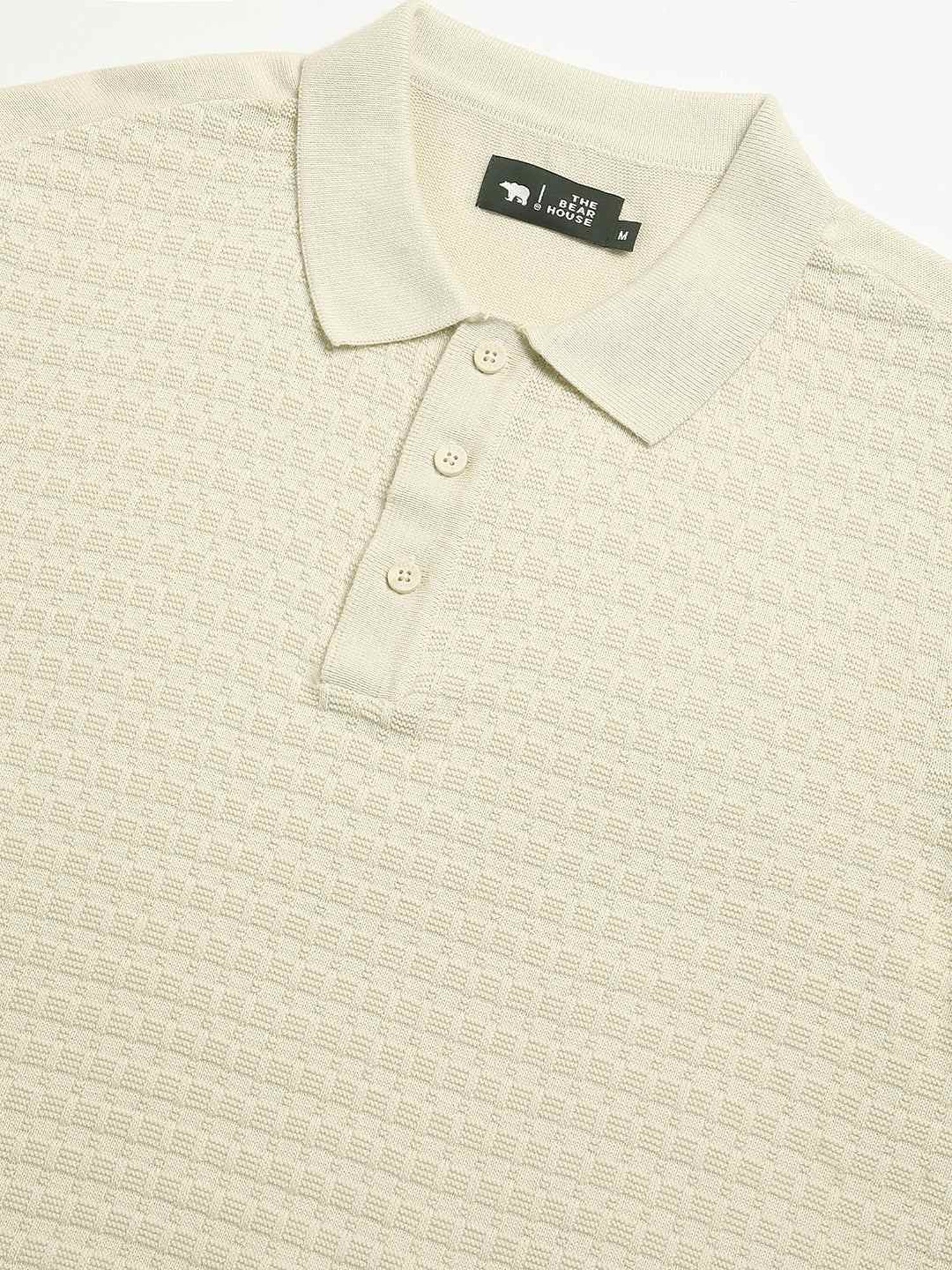 The Bear House Cream Cotton Regular Fit Self Pattern Polo T-Shirt