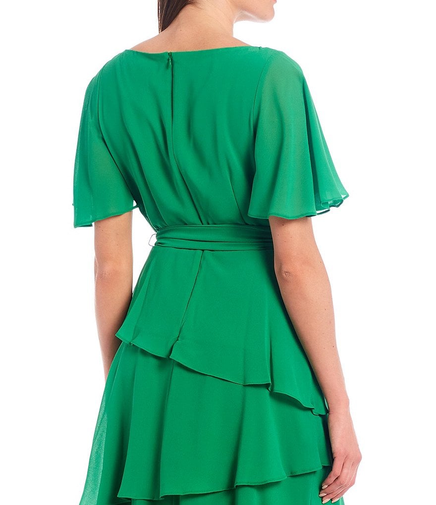 Jessica Howard Flutter Sleeve Jewel Neck Asymmetrical Tier Belted Dress
