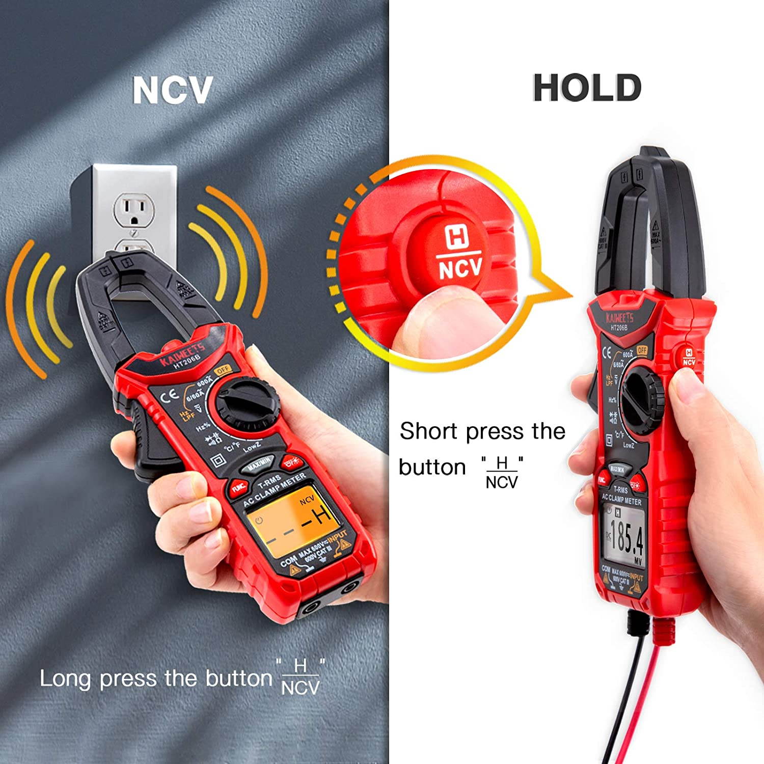 Clamp Meter HT206B 6000 Counts, 600A AC Ampere Meter, NCV 600V AC/DC Voltage Mesure, with LCD Backlit, Capacitance, Battery, Continuity, Resistance, Diodes, Temperture, Duty, Frequency Test