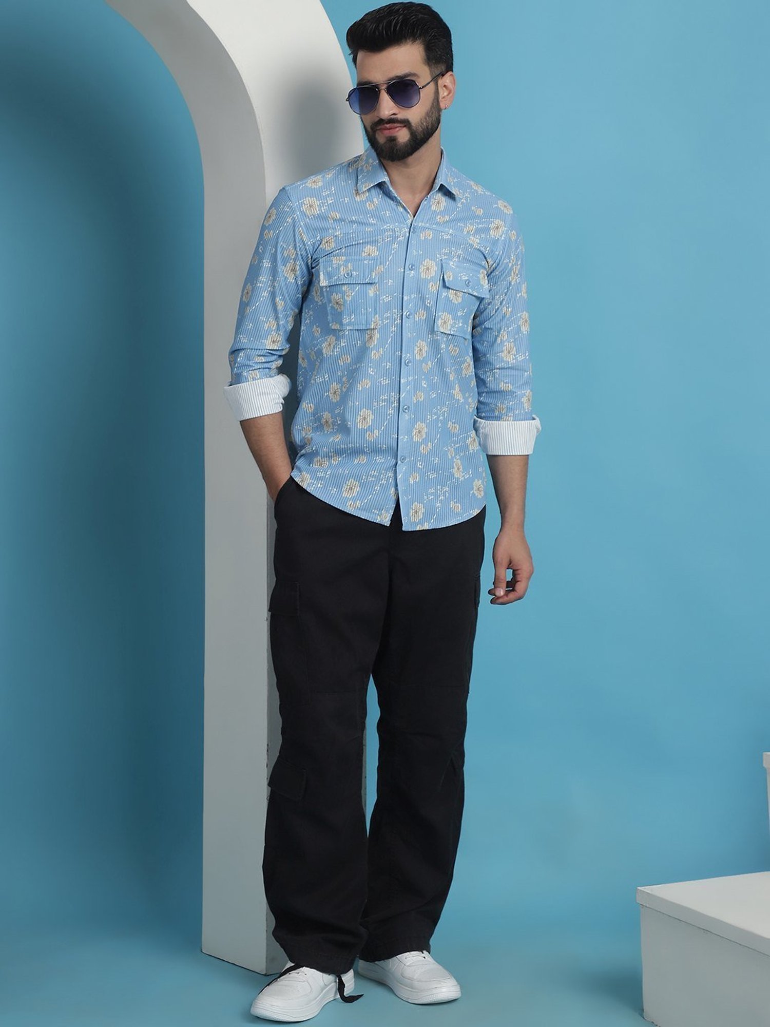Indian Needle Blue Cotton Regular Fit Printed Shirt
