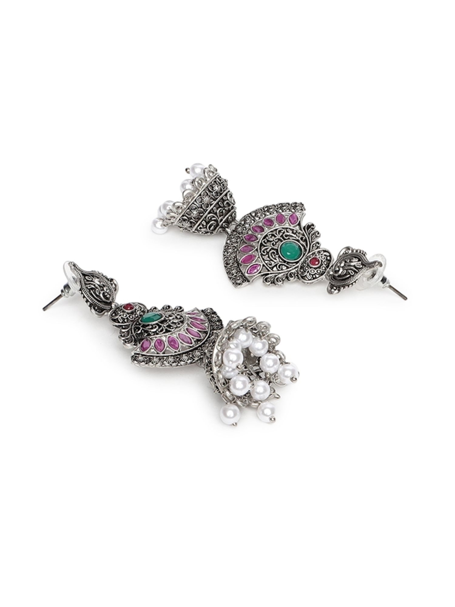 Aatmana Pink Oxidized Silver-Plated Dome Shaped Jhumki Earrings for Women
