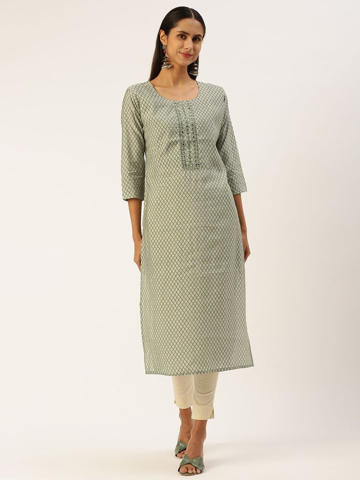 SHANVIKA Light Green Geometric Print Cotton Silk Straight Kurta