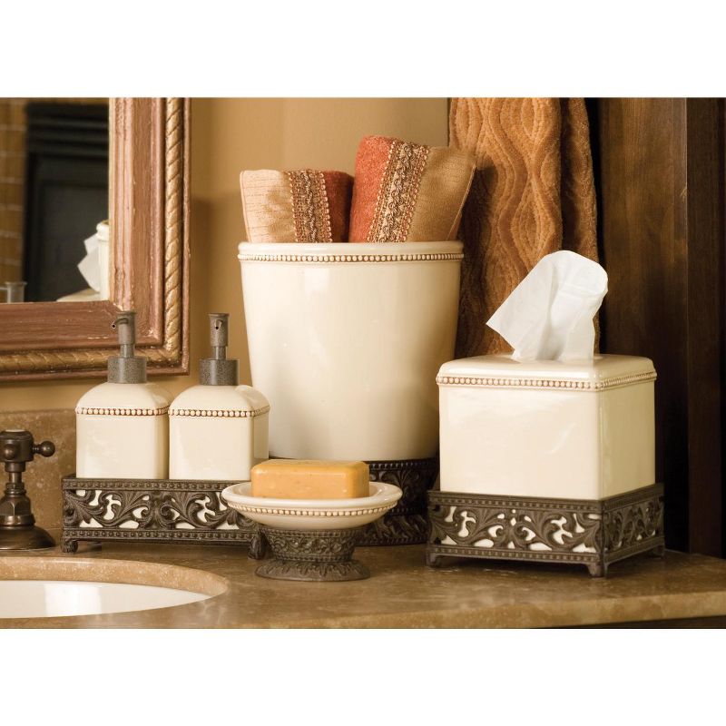 GG Collection Square Cream Ceramic Tissue Box Cover in a Metal Base