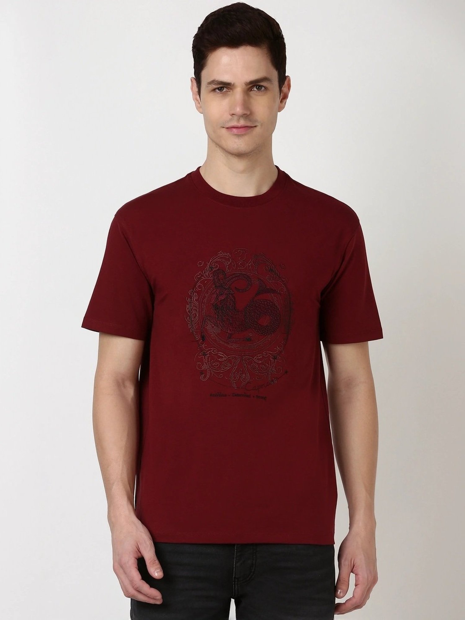Peter England Casuals Maroon Cotton Regular Fit Embroidered T-Shirt
