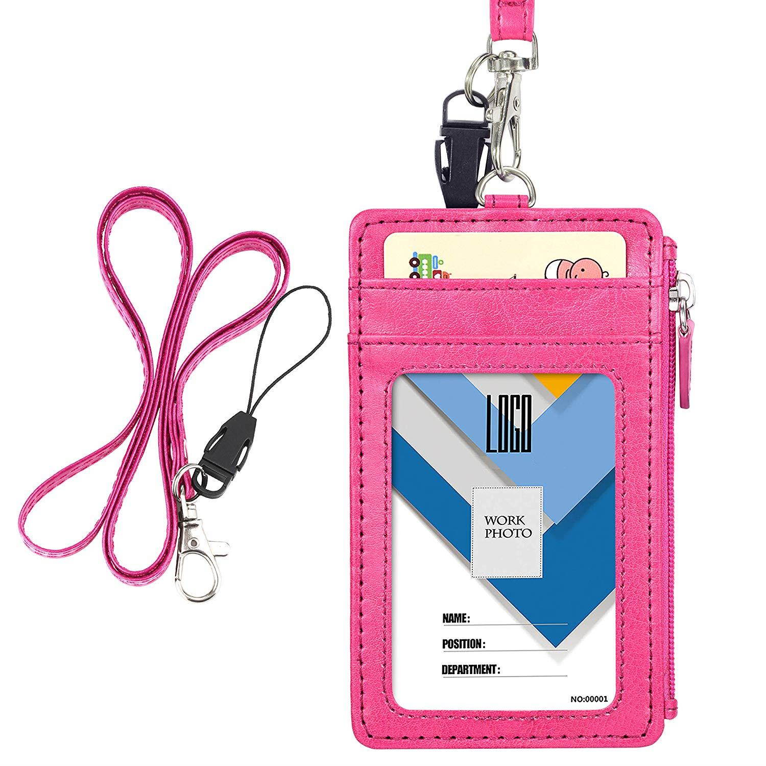 Badge Holder with Zip, Wisdompro Double Sided PU Leather ID Badge Card Holder Wallet Case with 5 Card Slots, 1 Side Zipper Pocket and 20" PU Neck Lanyard/Strap - Hot Pink (Vertical)