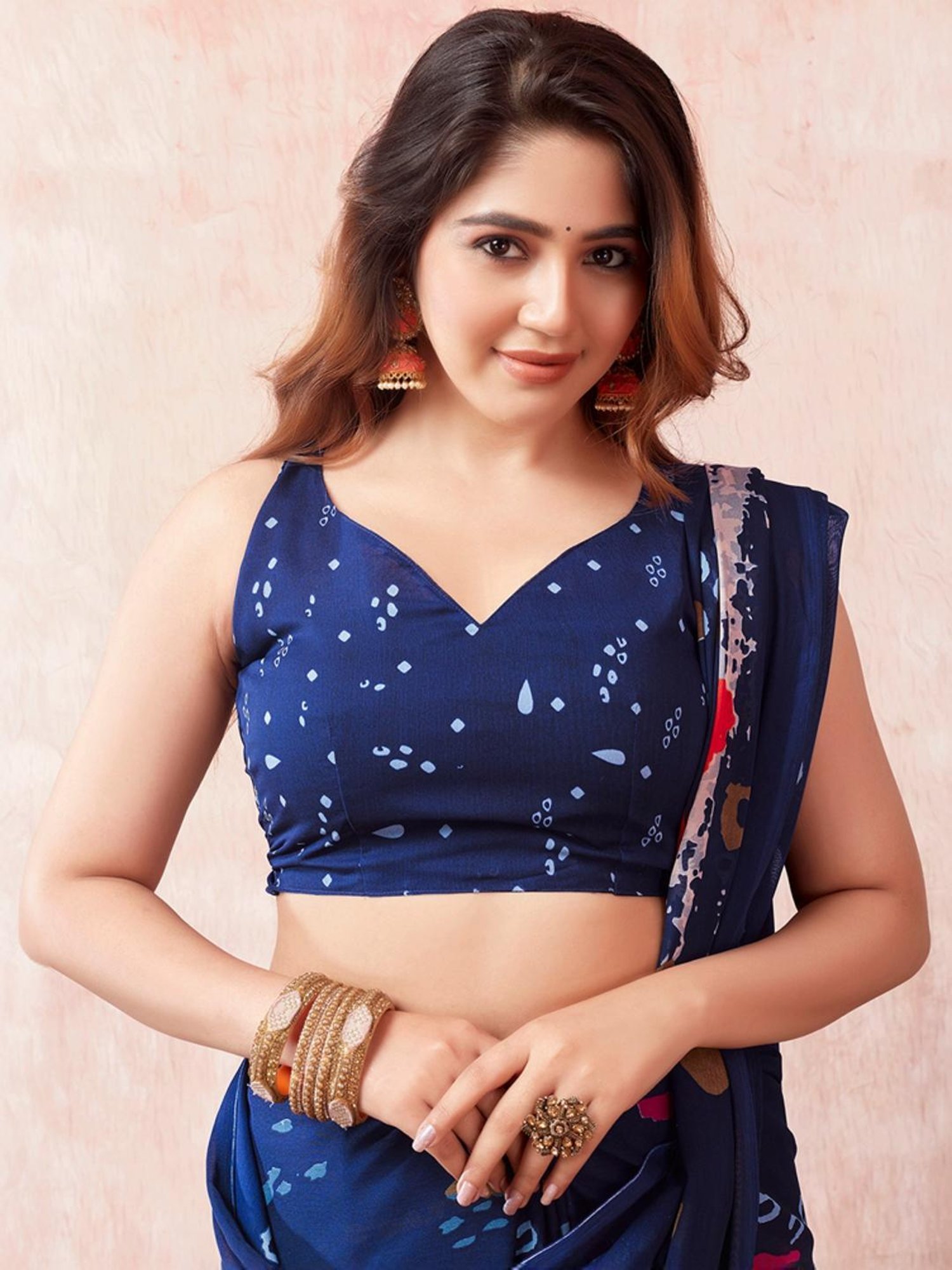 Satrani Navy Geometric Print Saree With Unstitched Blouse