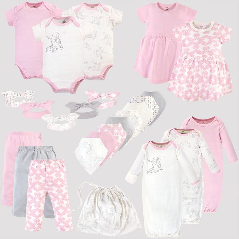 Touched by Nature Baby 25pc Organic Cotton Gift Cube Bodysuit - Birds - Pink/White 0-6M