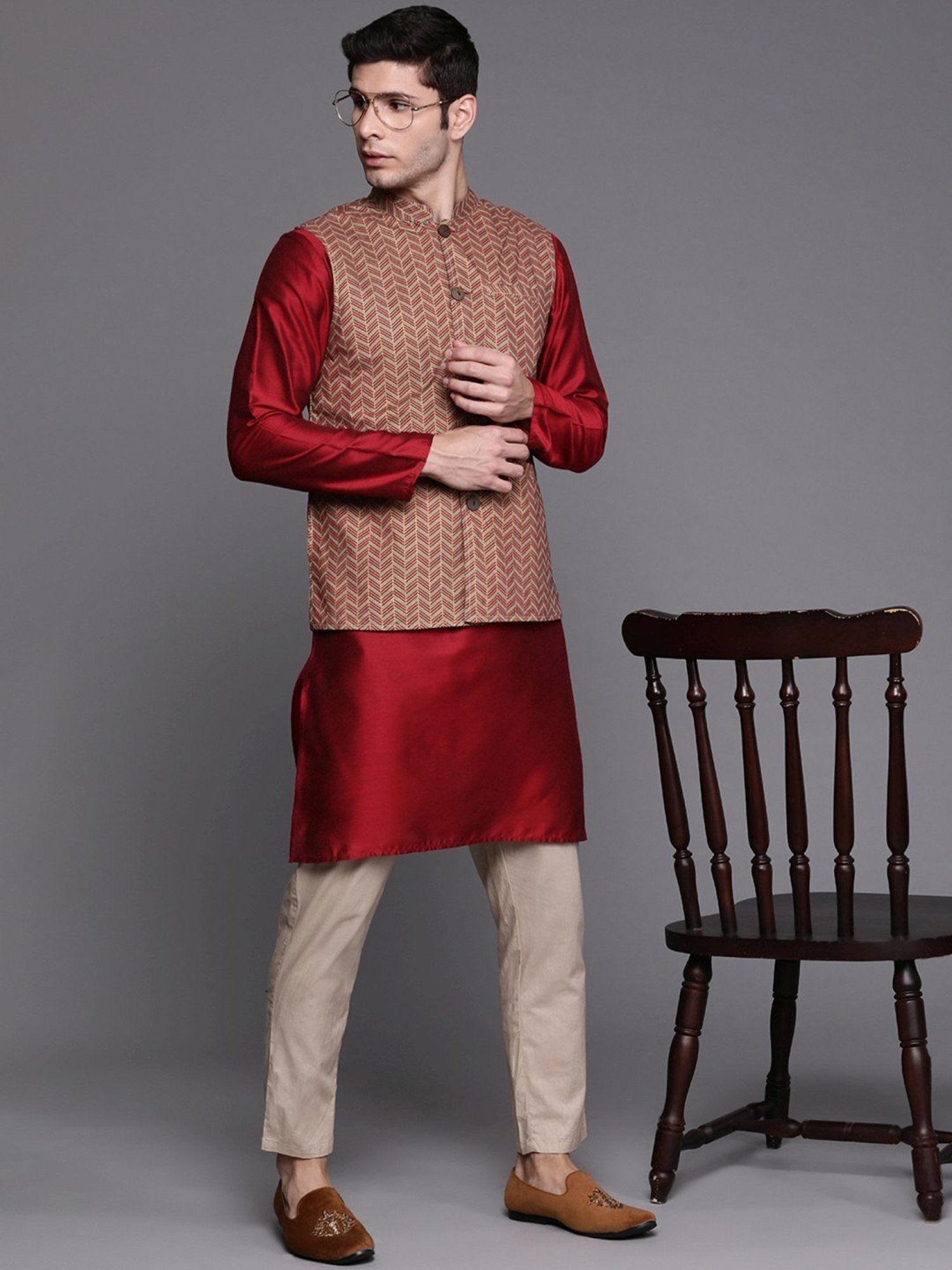 VASTRAMAY Teal Green Regular Fit Printed Nehru Jacket