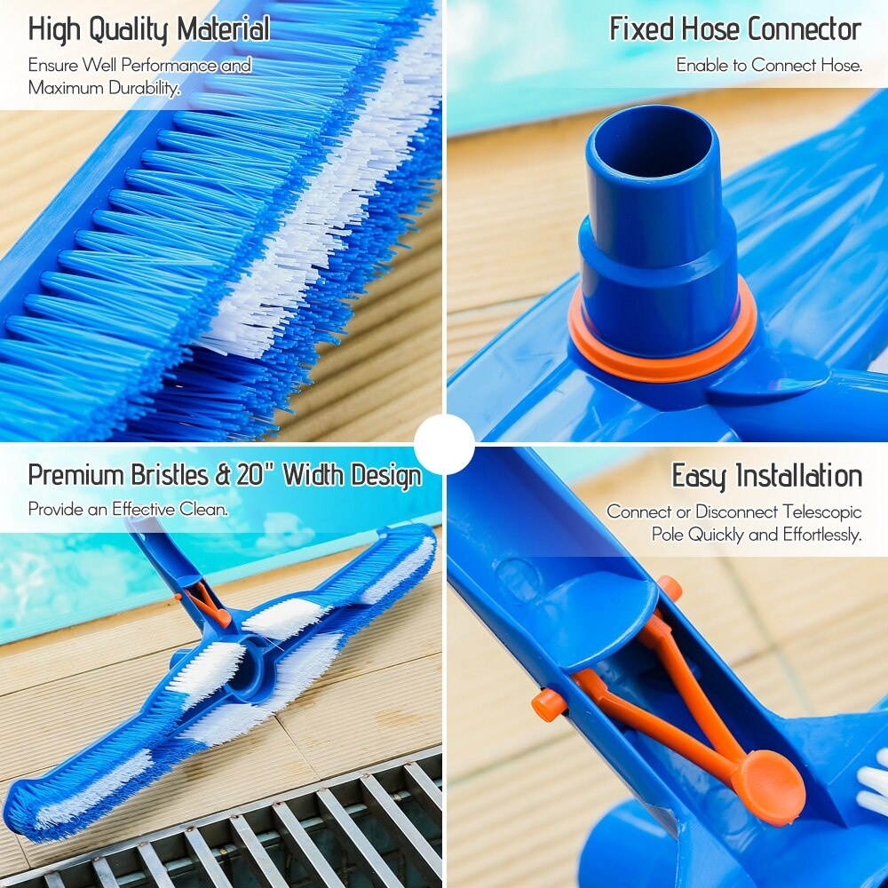 20" Heavy Duty Swimming Pool Brush Scrub Brush with Fixed Hose Connector Cleaning Tool for Wall Tiles Floors