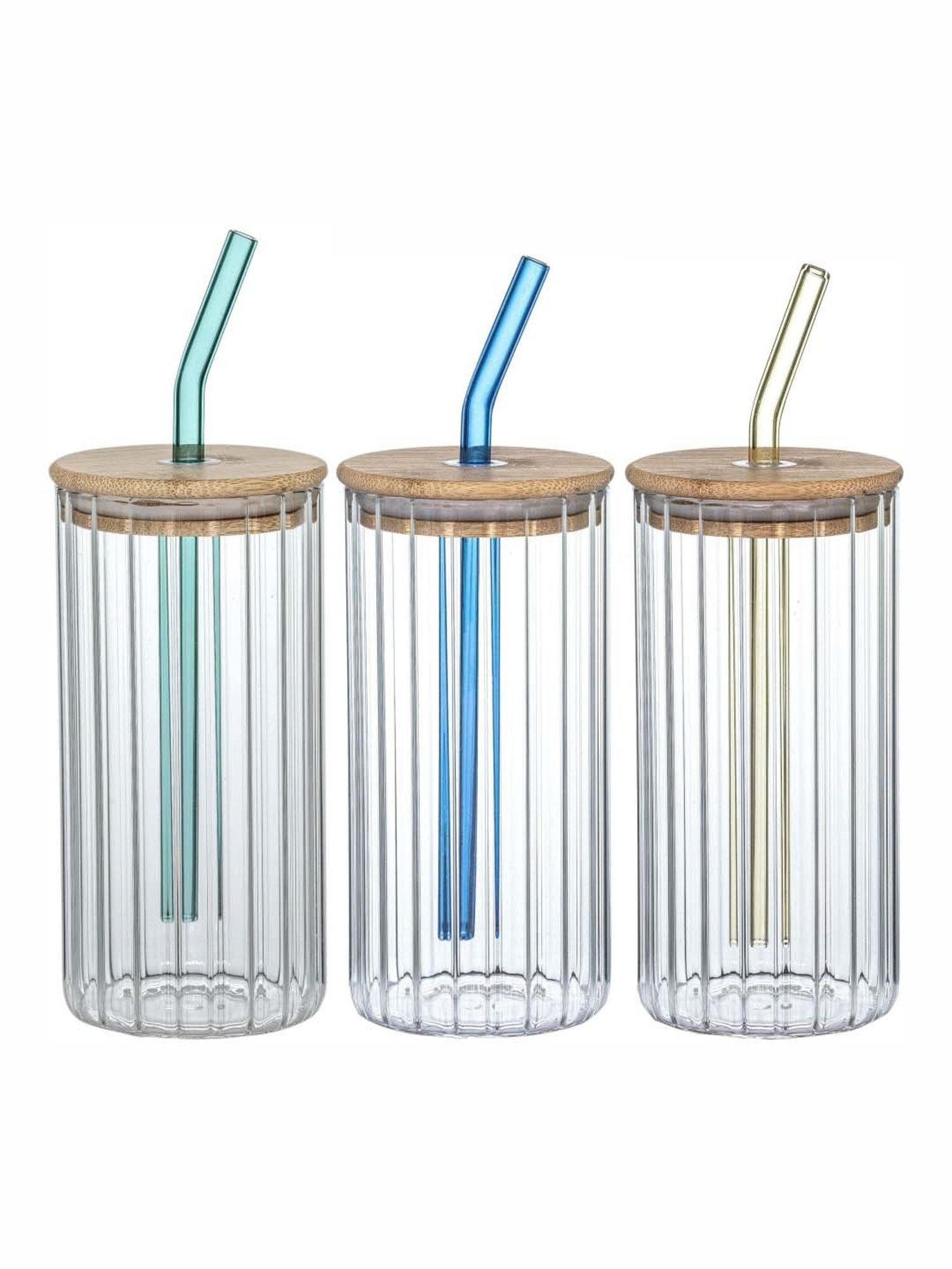 Goodhomes Transparent Glass 3-Piece Mason Jar Set with Wooden Lid & Glass Straw