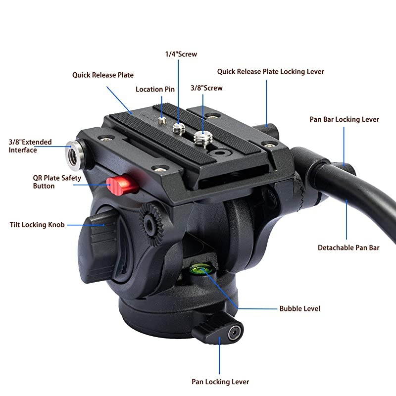 V501 Video Camera Tripod Fluid Drag Pan Head for Canon Nikon Sony Olympus Panasonic DSLR Camera, with 3/8" and 1/4" Mounting Screw