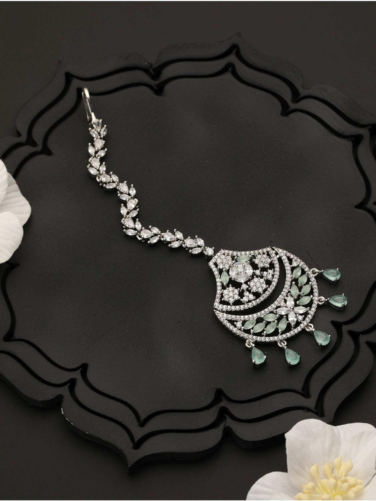 Priyaasi Mint Green Floral American Diamond Silver-Plated Maangtikka