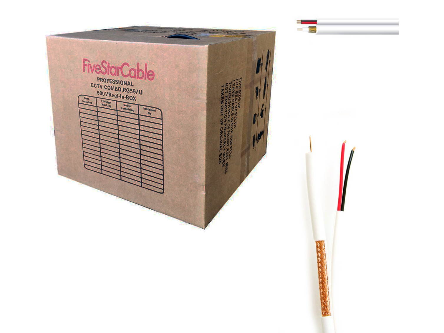 FiveStar 500 ft RG59 Cable Siamese CCTV Economy Combo Coaxial Cable White - 20AWG RG59 + 18/2 18AWG Power