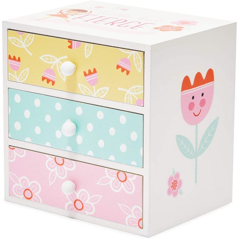 Blue Panda Colorful Wooden Jewelry Box for Kids, 3 Drawers, Little But Fierce (6.1 x 4.5 x 6.1 in)