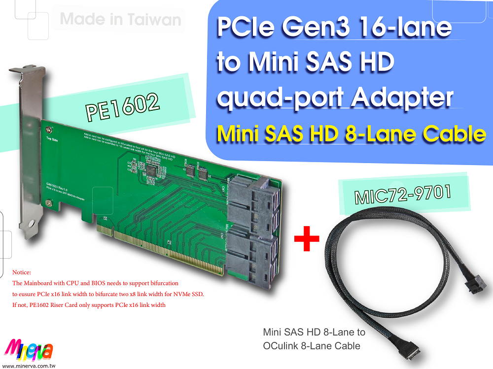PCIe x16 Gen3 to Mini SAS HD (SFF-8643) quad-port Adapter with Mini SAS HD 8-Lane to OCulink (SFF-8611) 8-Lane Cable KIT