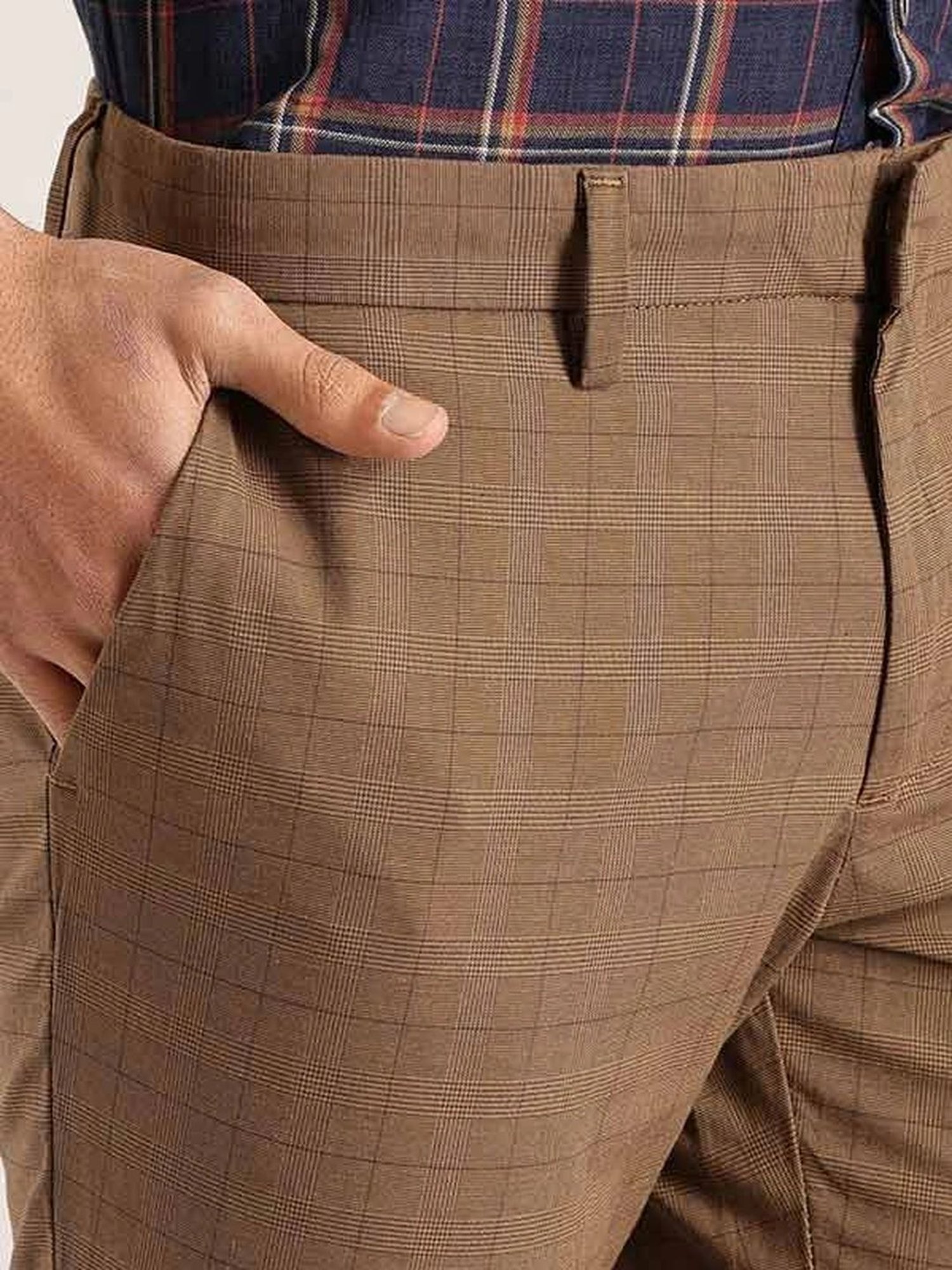 Indian Terrain Dark Khaki Tapered Fit Checks Chinos