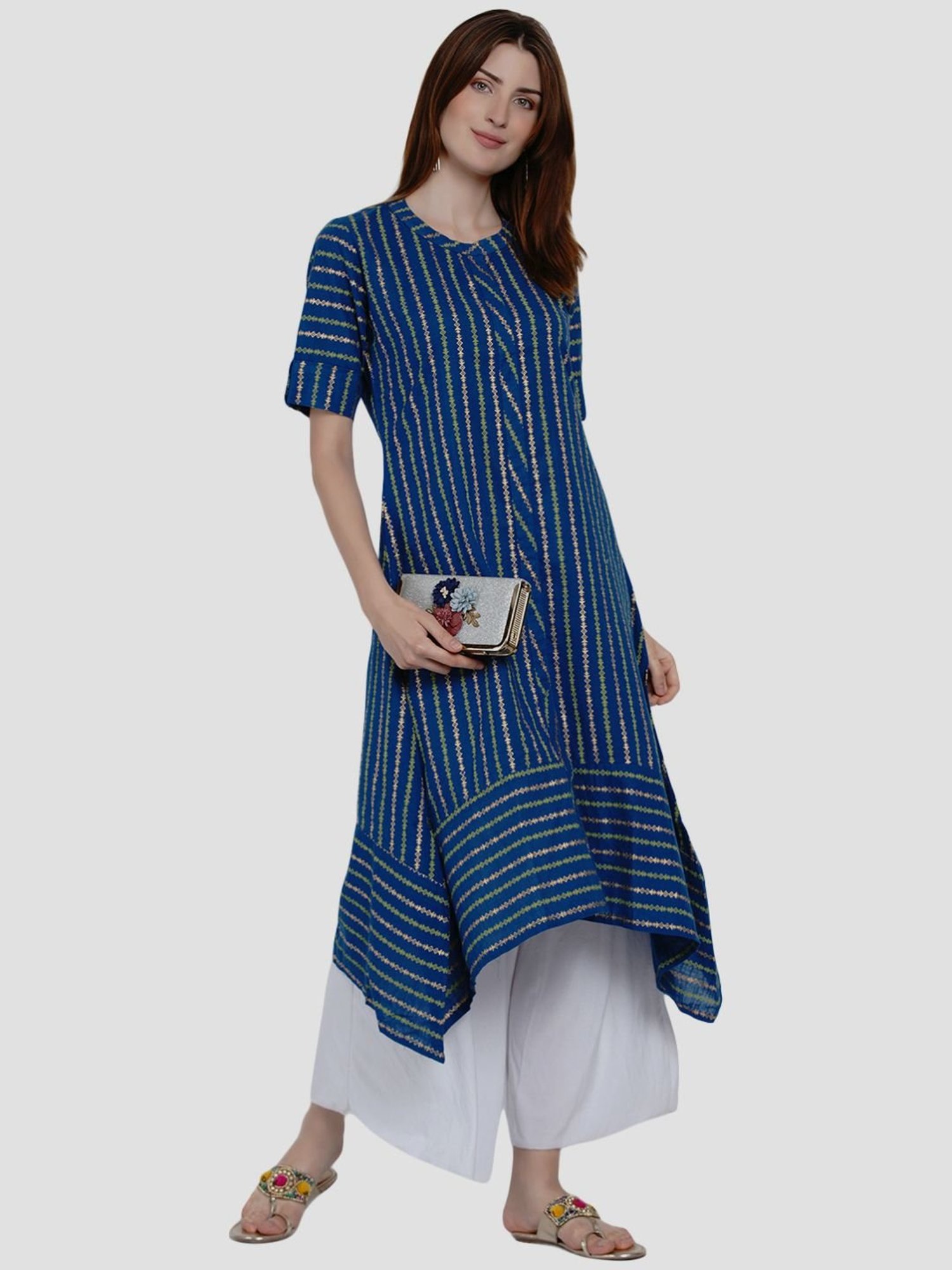 Women Republic Blue Cotton Printed A Line Kurta