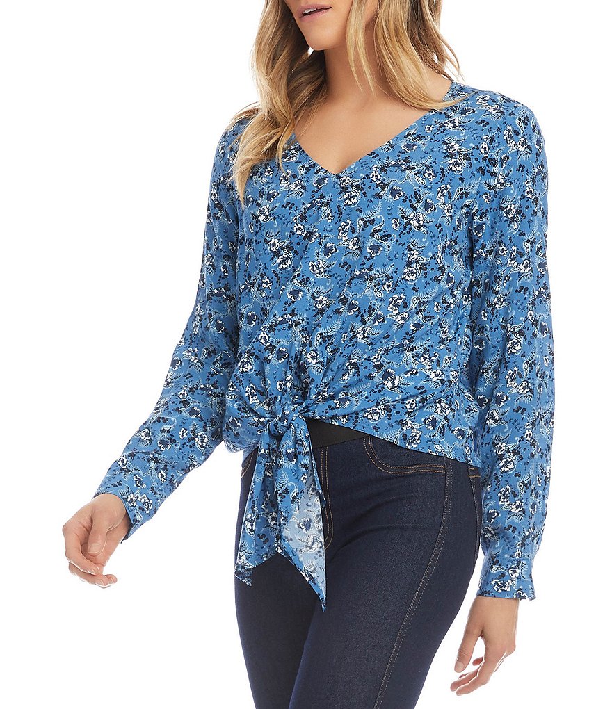 Karen Kane V-Neck Long Sleeve Printed Crepe Tie-Front Top