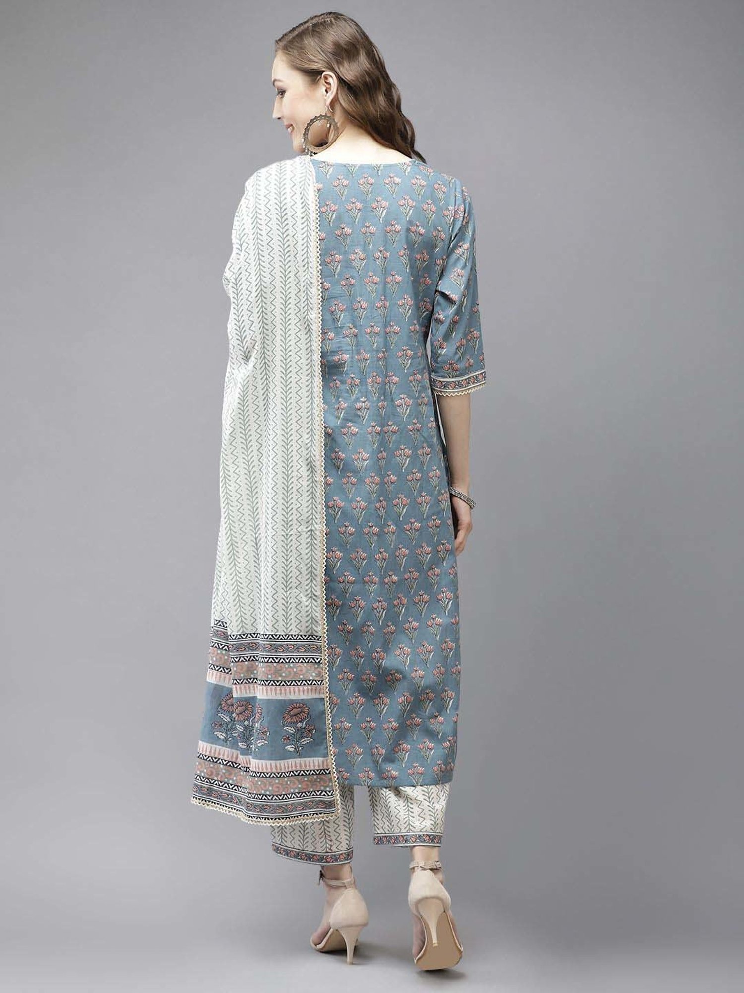 Libas Blue & White Cotton Printed Kurta Palazzo Set With Dupatta