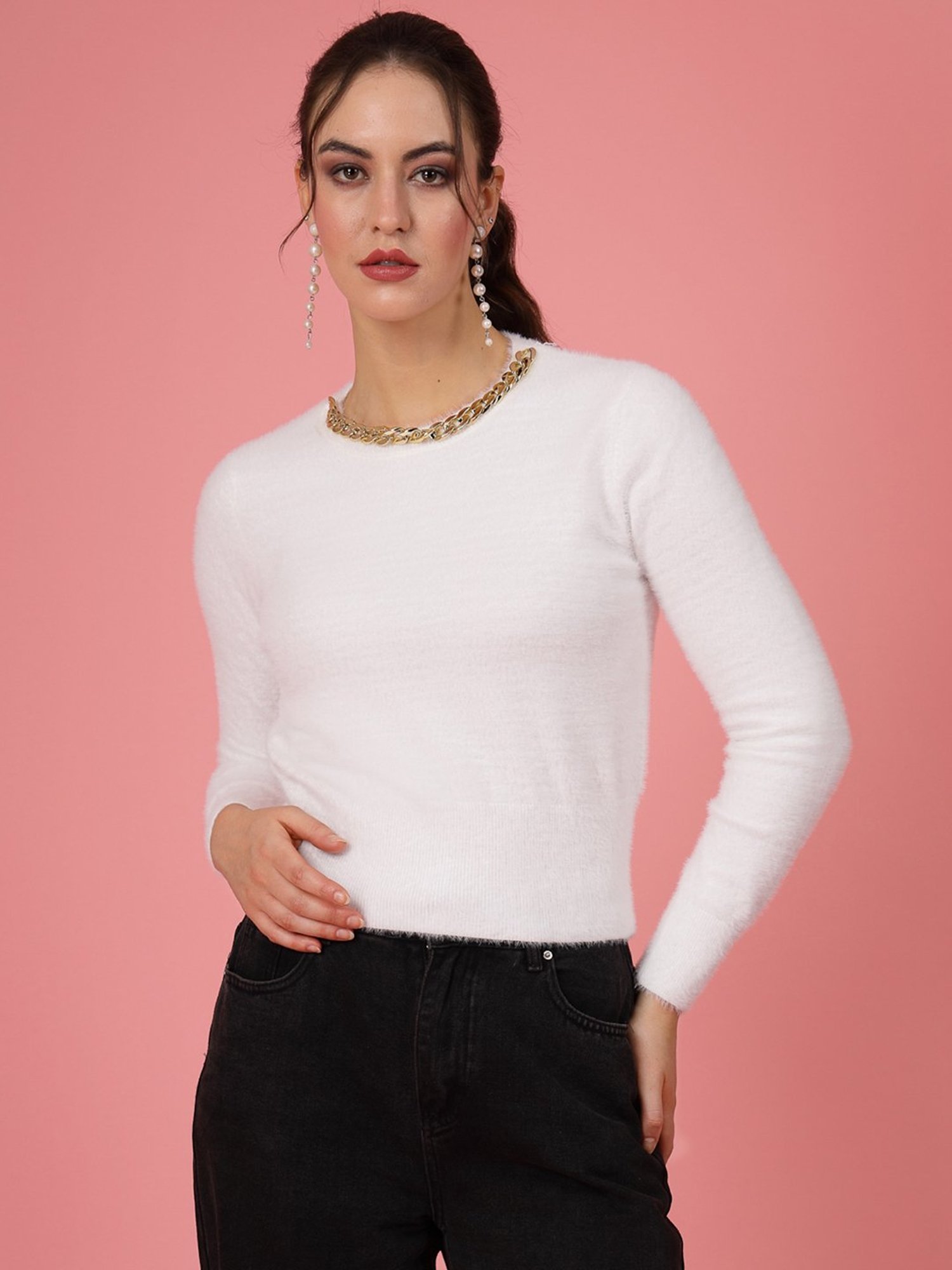 Mafadeny White Regular Fit Sweater
