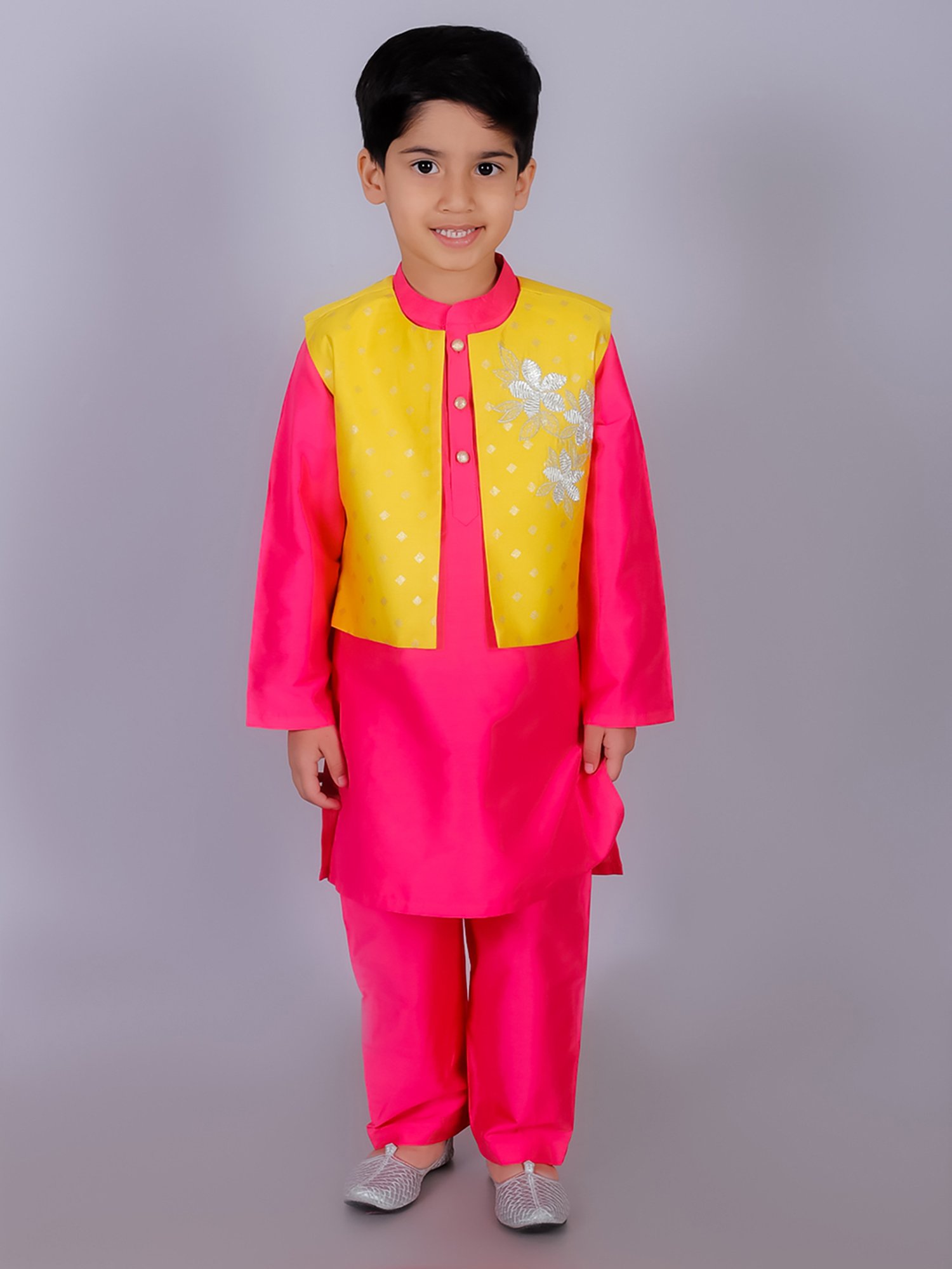 Lil Drama Kids Pink & Yellow Embroidered Full Sleeves Kurta, Pants with Jacket